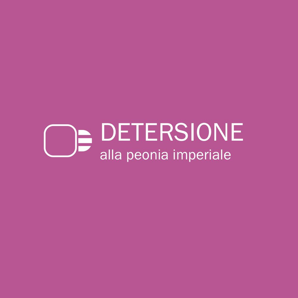 Testo su sfondo rosa: DETERSIO, alla peonia imperiale. Logo bianco.