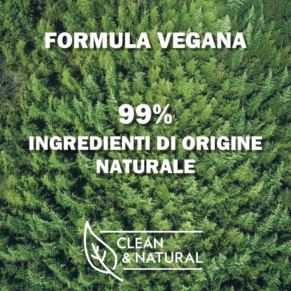 Testo su sfondo verde. Testo: Formula Vegana, 99% Ingredienti di origine naturale, Clean & Natural.