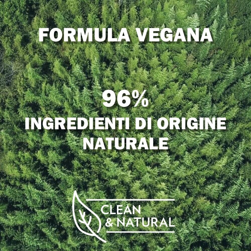 Testo: FORMULA VEGANA, 96% INGREDIENTI DI ORIGINE NATURALE, CLEAN & NATURAL. Sfondo verde.