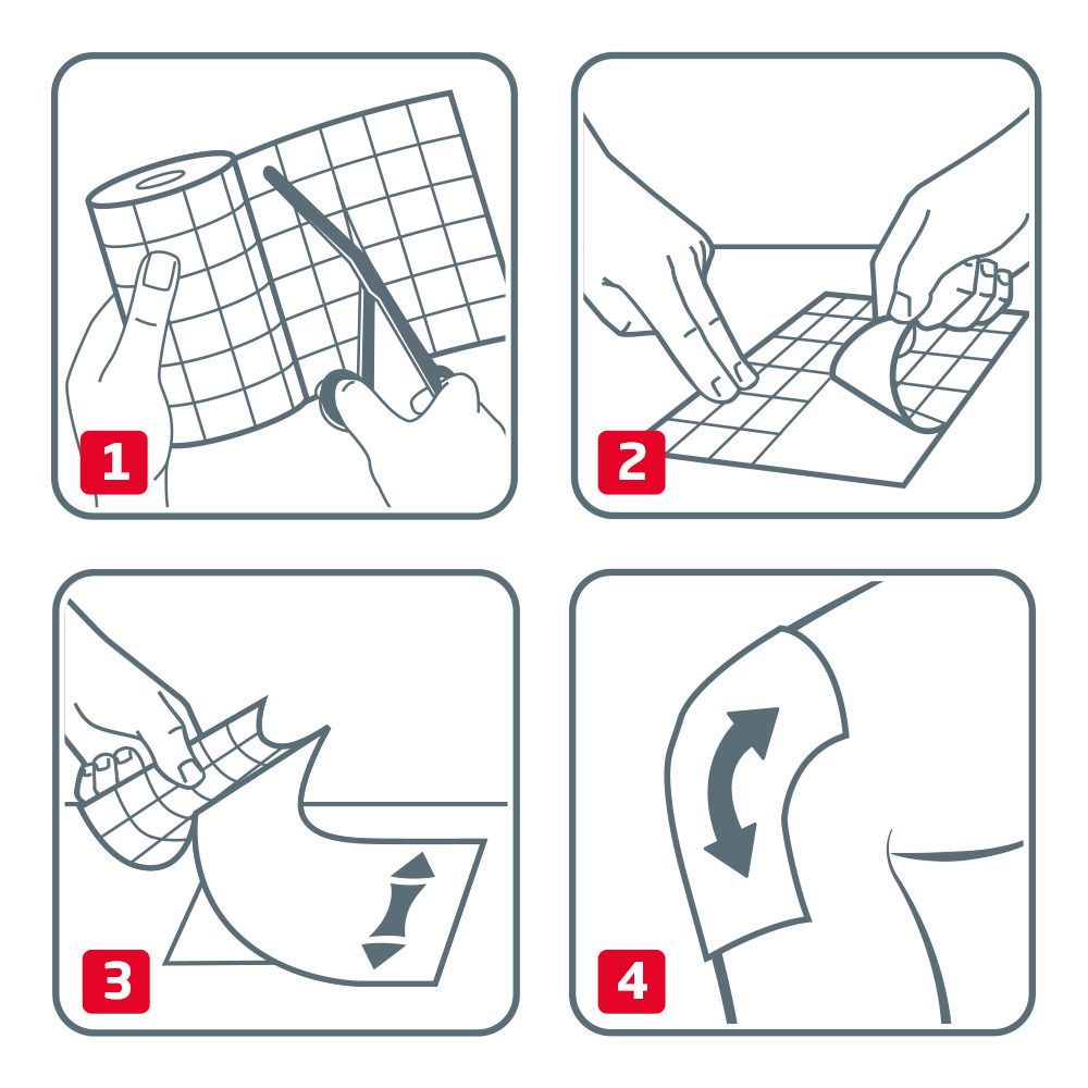Quattro illustrazioni mostrano l'applicazione di Fixomull Stretch. Istruzioni passo passo.