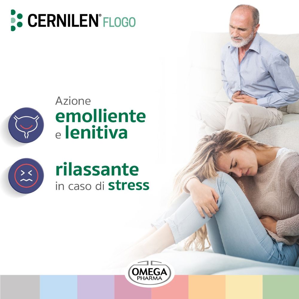 Grafica con logo del prodotto e due icone: vescica e stress. Logo Omega Pharma. Sfondo sfumato.