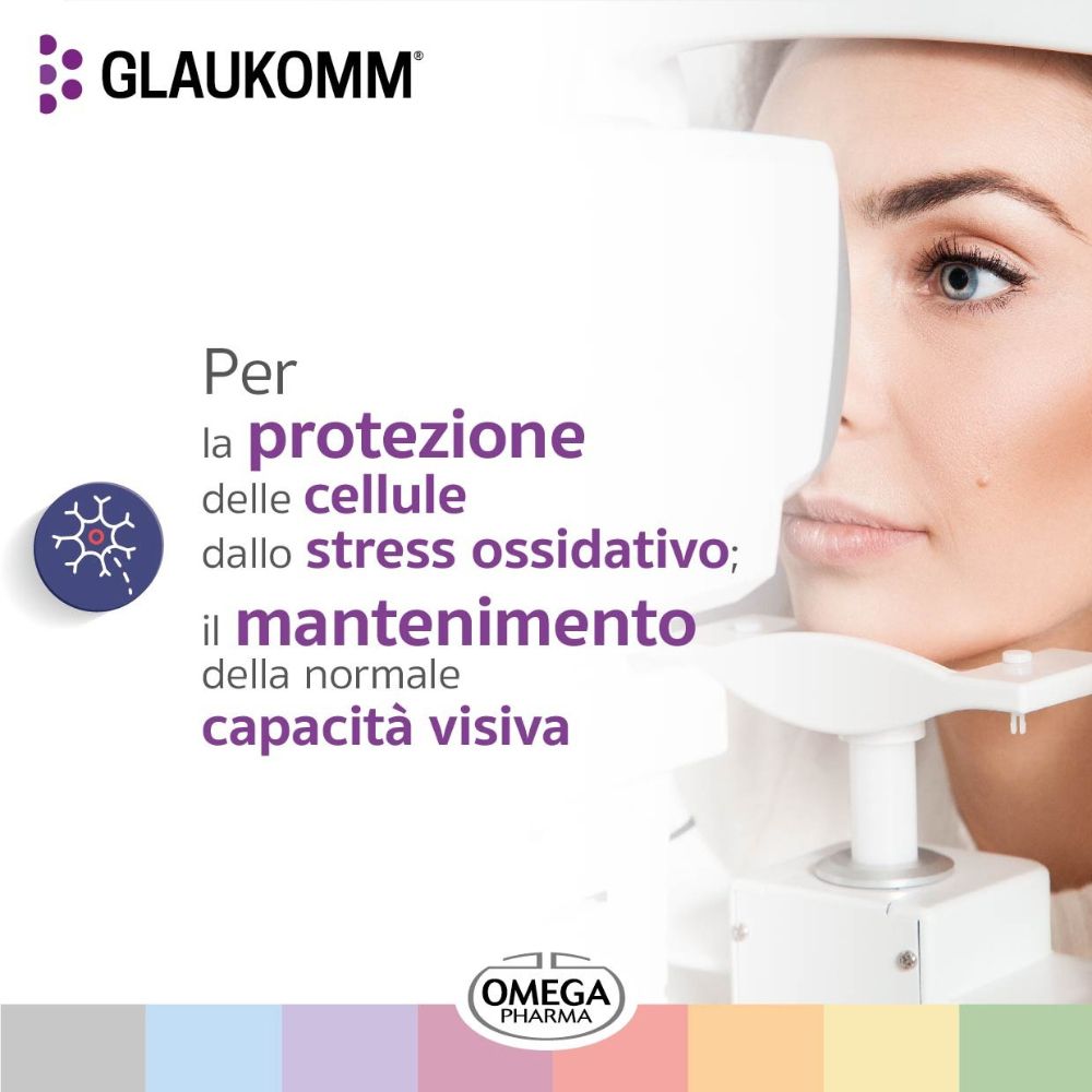 Donna davanti a un dispositivo medico. Testo: protezione delle cellule dallo stress ossidativo, mantenimento della vista. Logo Glaukomm®.