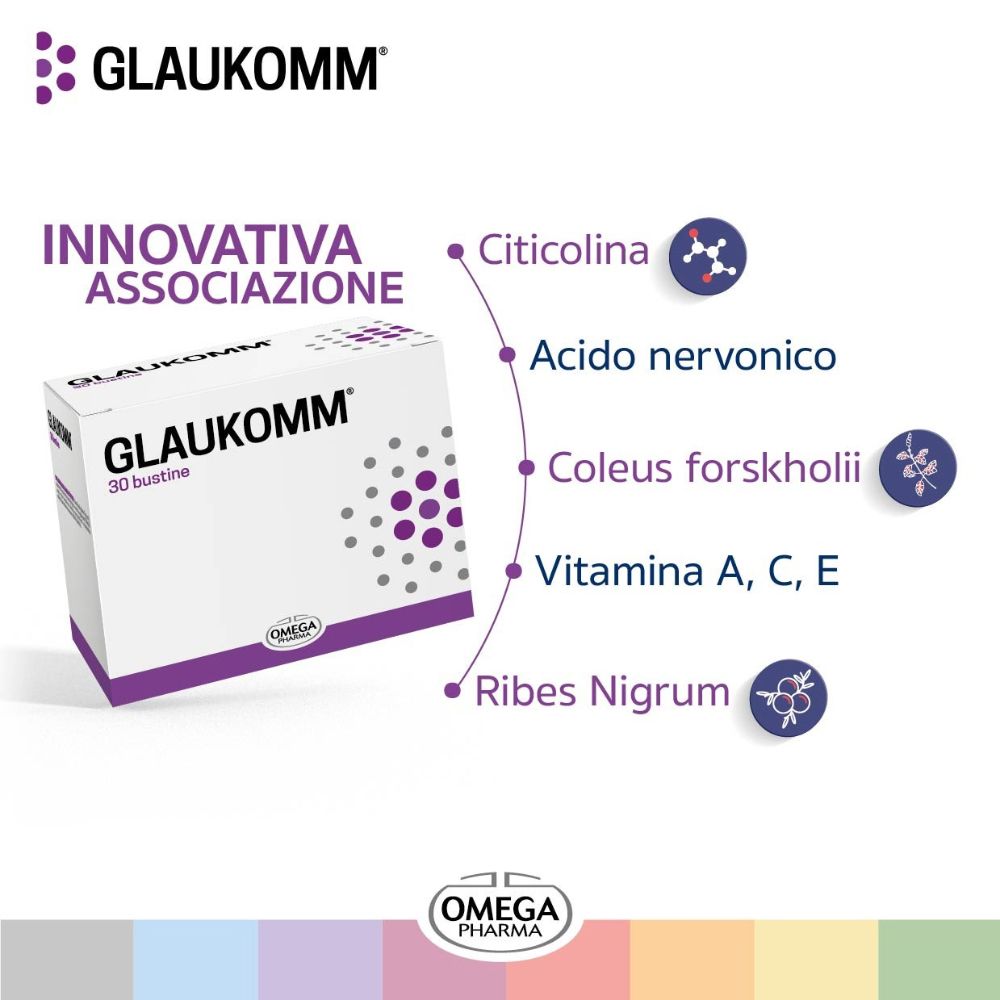 Scatola Glaukomm® Bustine con ingredienti: Citicolina, acido nervonico, Coleus forskholii, vitamine A, C, E, Ribes Nigrum.