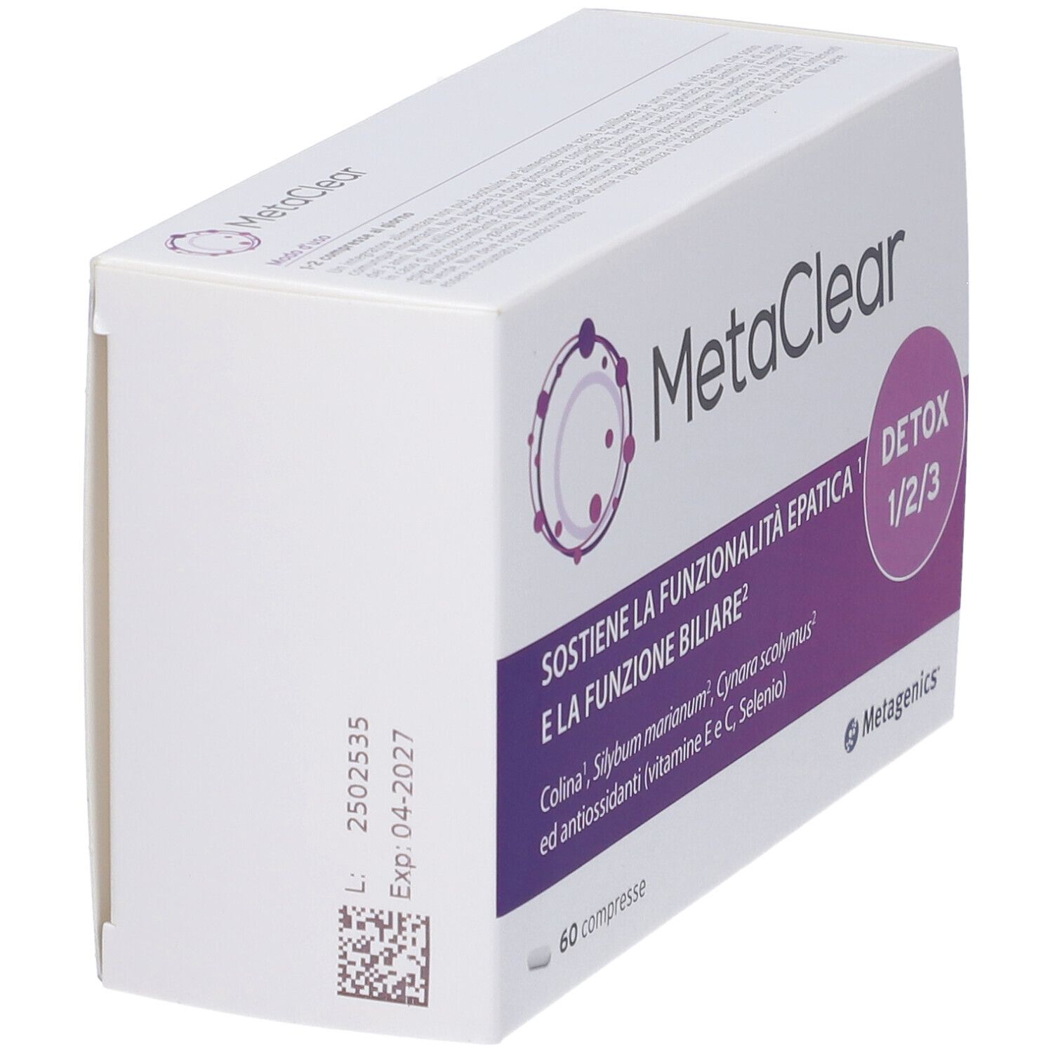 Scatola bianca con dettagli viola. Scritta MetaClear. Dettagli: scadenza, numero di lotto.