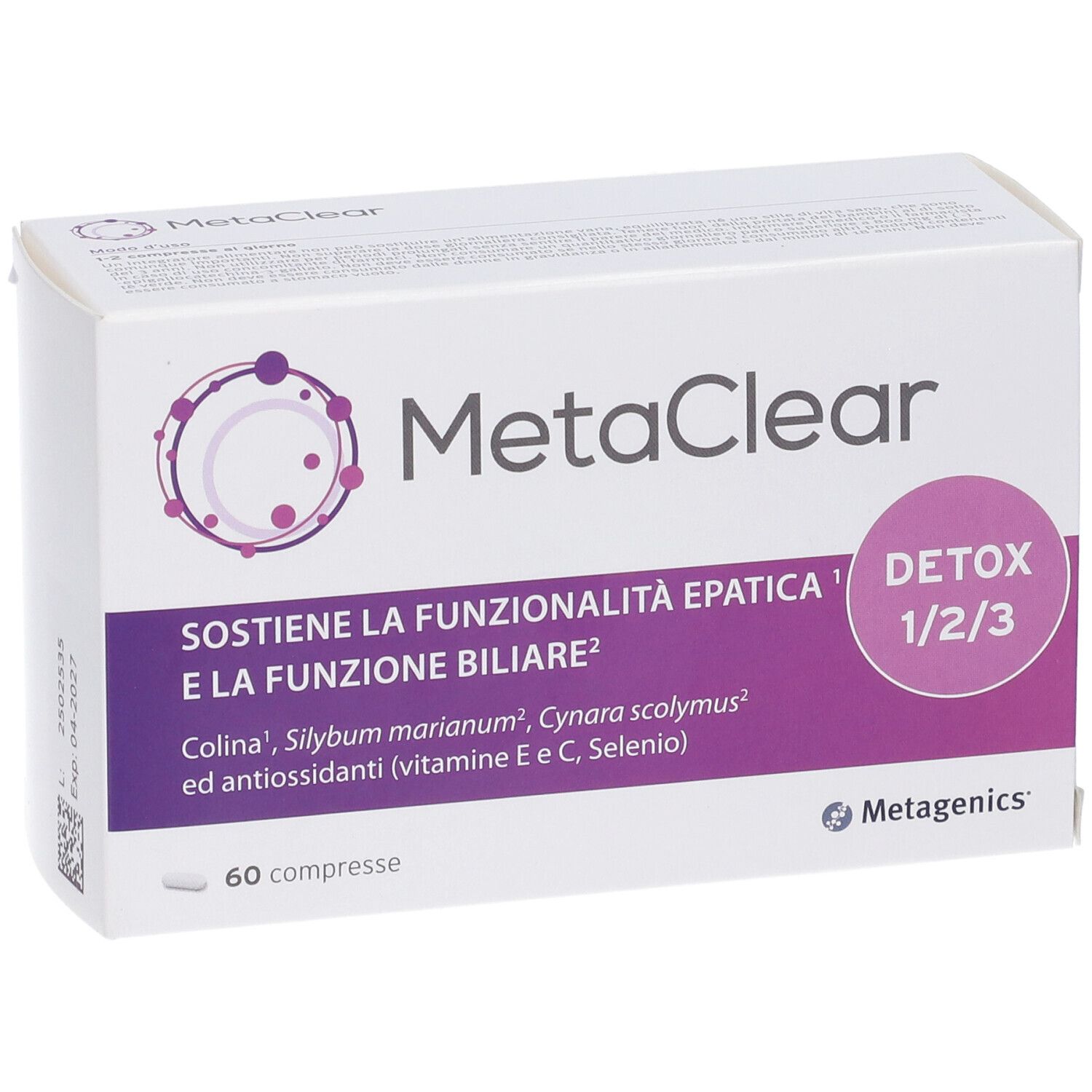 Scatola bianca con dettagli viola. Scritta MetaClear, 60 compresse. Logo Metagenics.