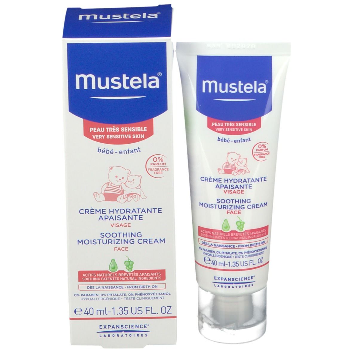 Crema Mustela e confezione. Tubo e scatola. Testo: Crème Hydratante Apaisante, 40 ml. Per pelli molto sensibili.