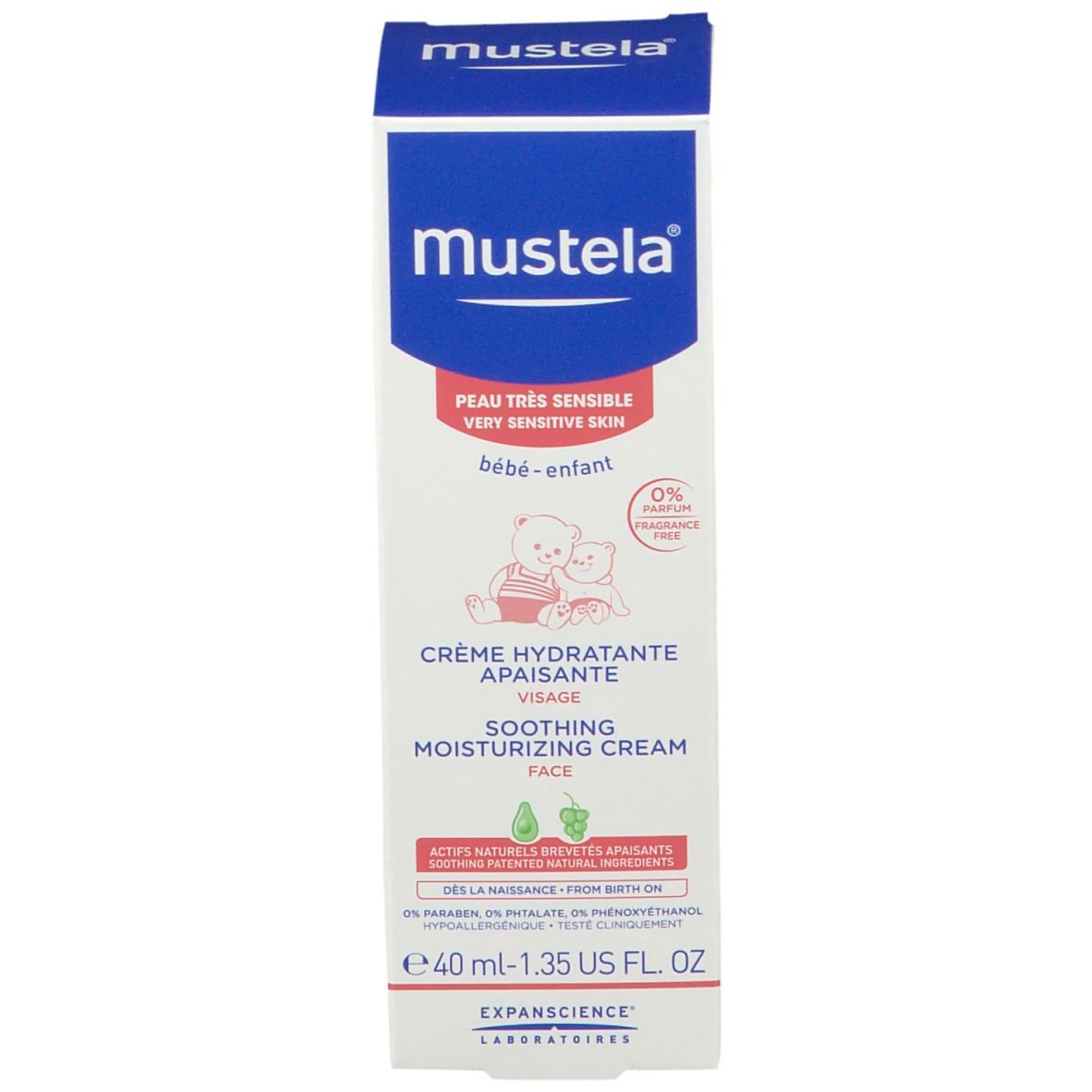 Confezione Mustela. Scatola blu e bianca. Testo: Crème Hydratante Apaisante, 40 ml. Per pelli molto sensibili.