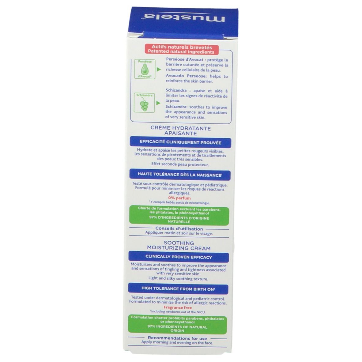 Retro della confezione Mustela. Testo: Crème Hydratante Apaisante. Ingredienti, consigli d'uso, origine.