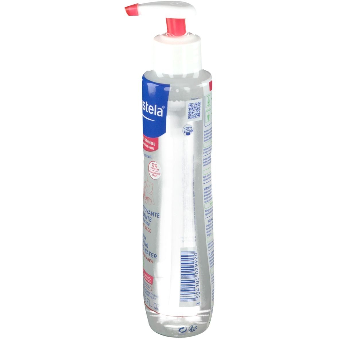 Flacone trasparente sottile con erogatore bianco. Etichetta con informazioni e codice a barre.