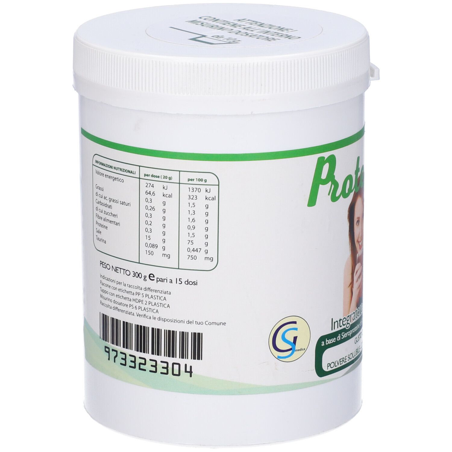 Barattolo bianco Proteomil. Retro con informazioni nutrizionali e codice a barre. Testo in italiano.