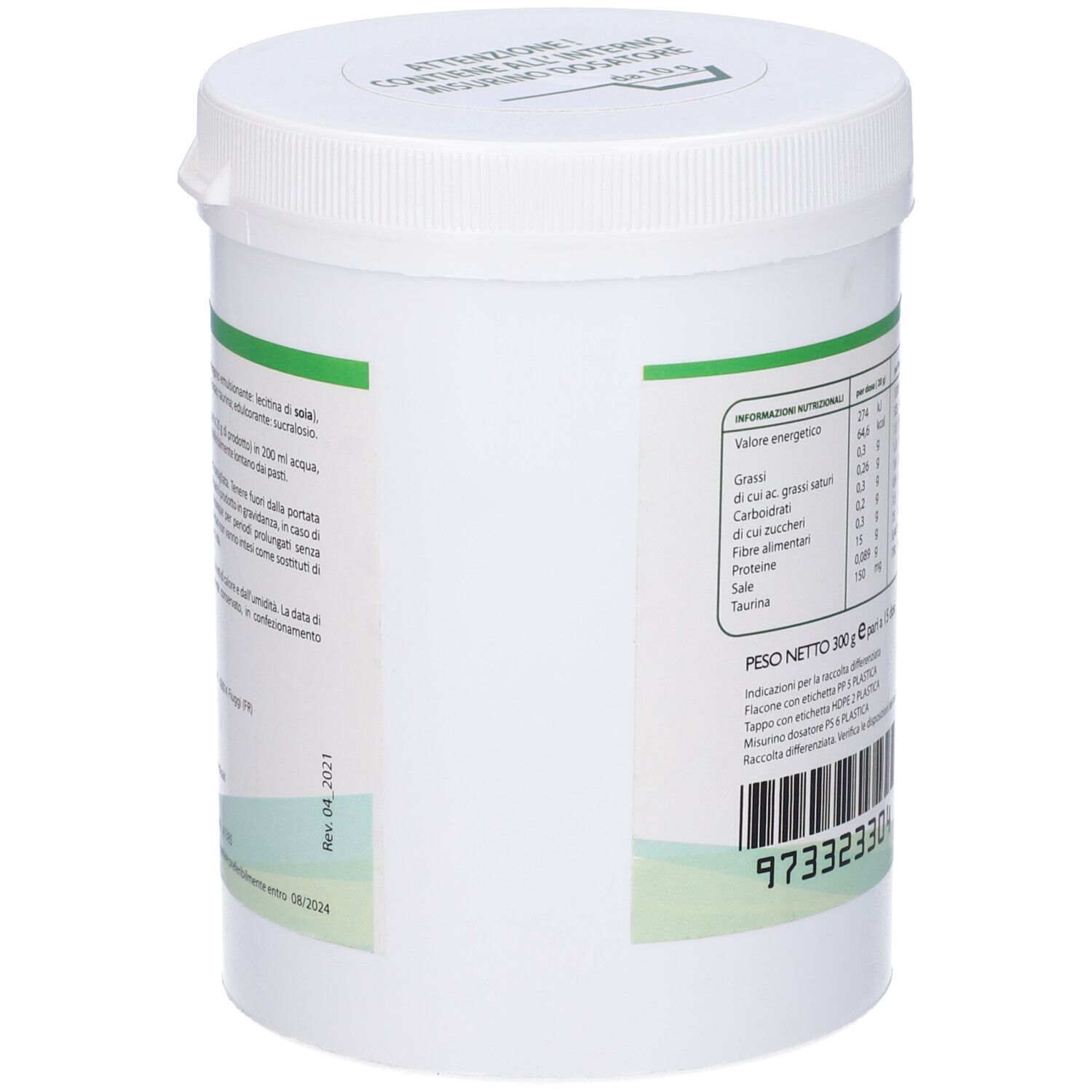 Barattolo bianco Proteomil. Retro con testo in italiano. Informazioni nutrizionali e codice a barre.