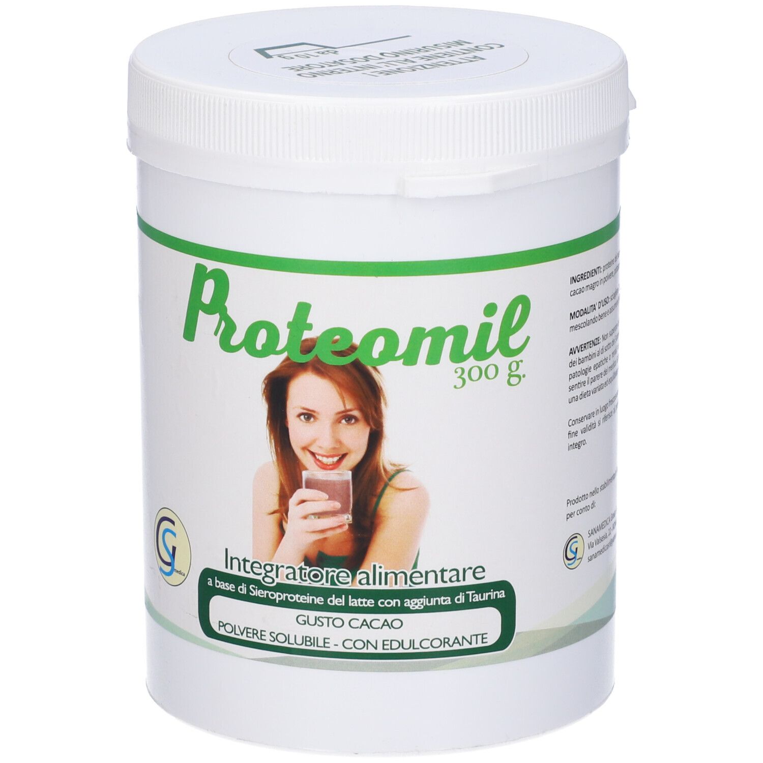 Barattolo bianco Proteomil Gusto Ciocc 300g. Scritta verde e bianca. Donna con bevanda. Integratore alimentare.
