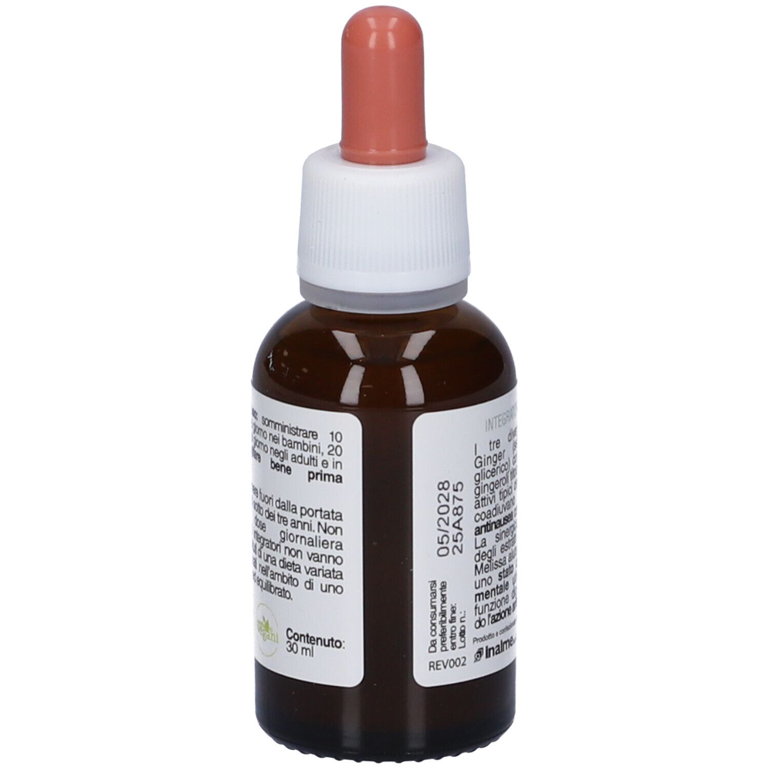 Flacone di vetro marrone con tappo bianco e contagocce rosa. Etichetta con ingredienti e data di scadenza.