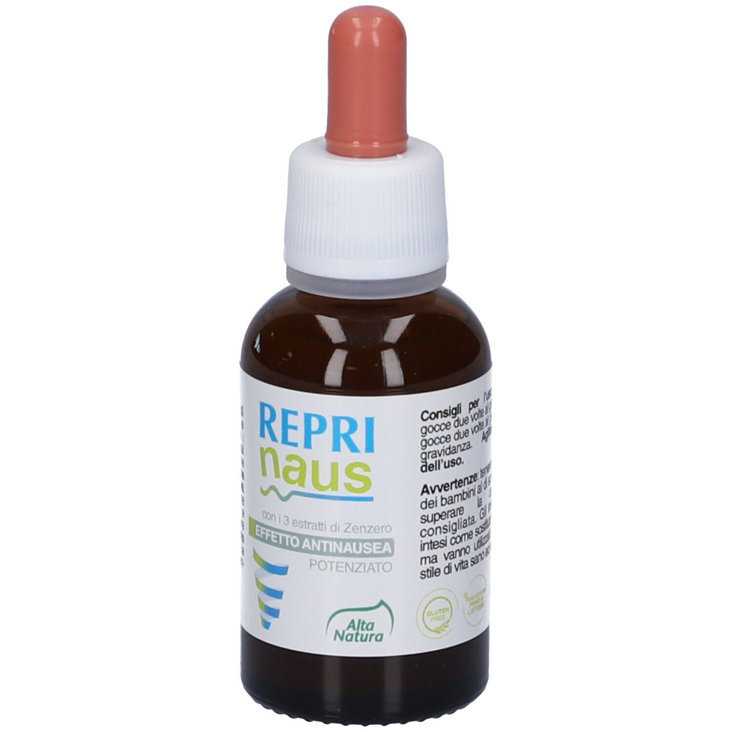 Flacone di vetro marrone con tappo bianco e contagocce rosa. Etichetta con nome del prodotto e logo.