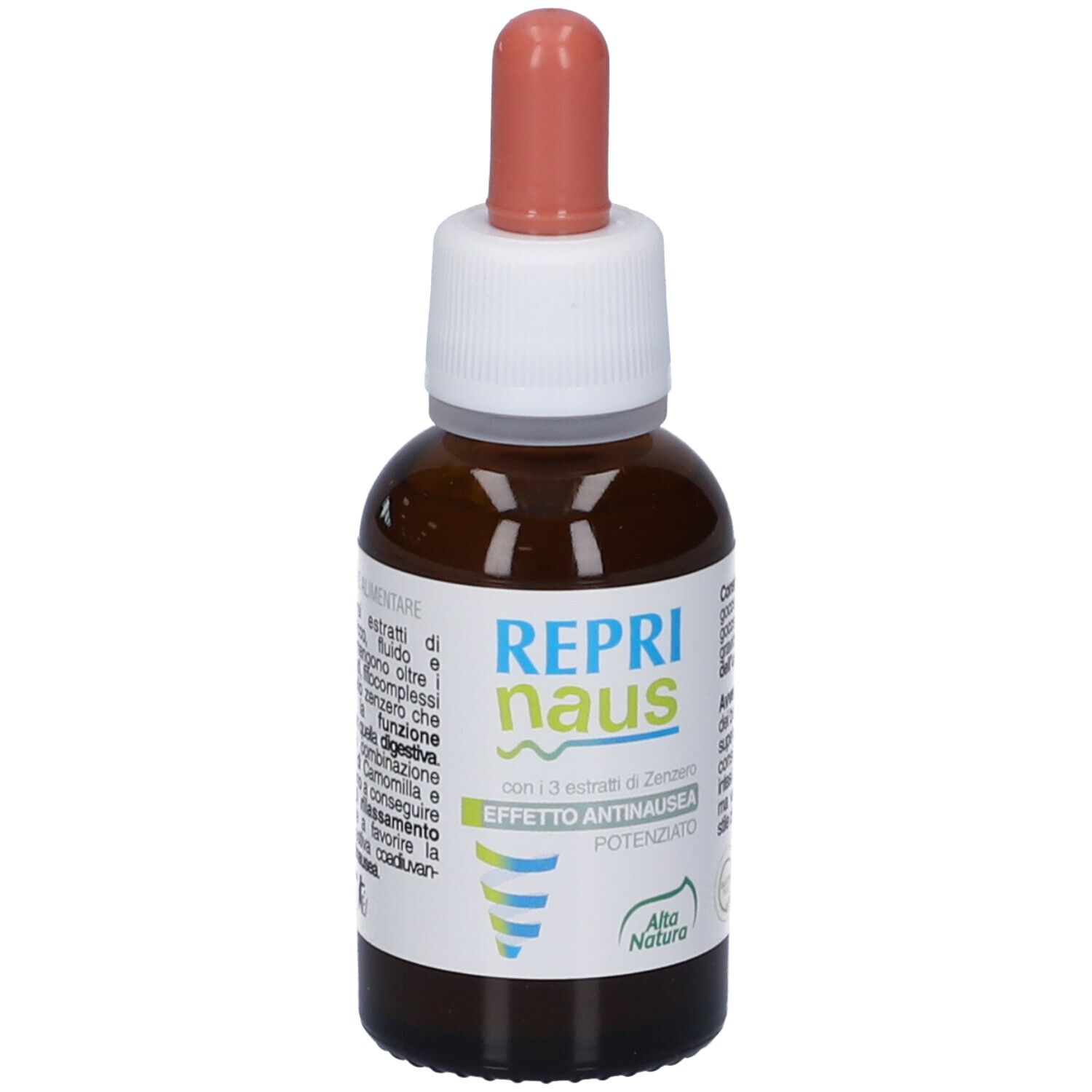 Flacone di vetro marrone con tappo bianco e contagocce rosa. Etichetta con informazioni sul prodotto.