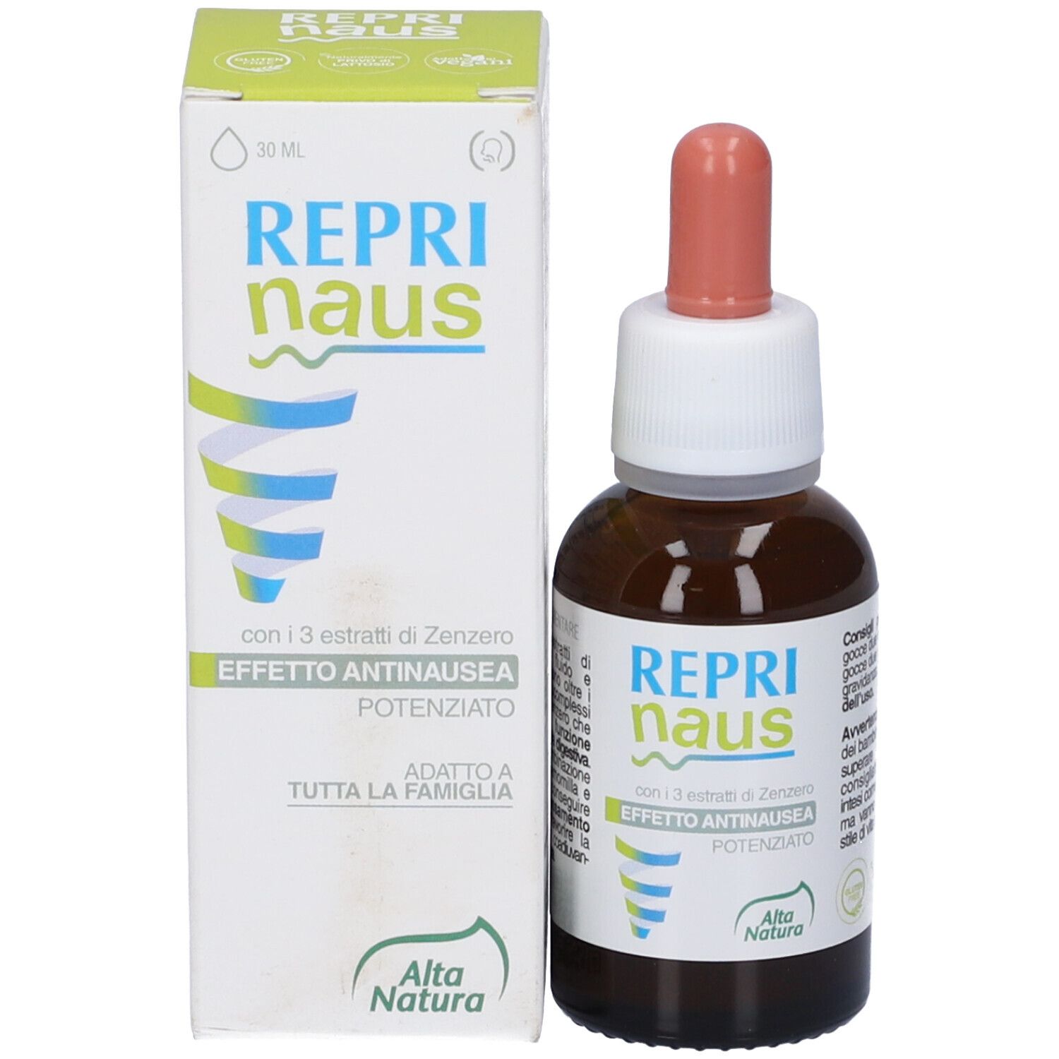 Flacone e confezione del prodotto. Scatola bianca con nome, logo e informazioni.