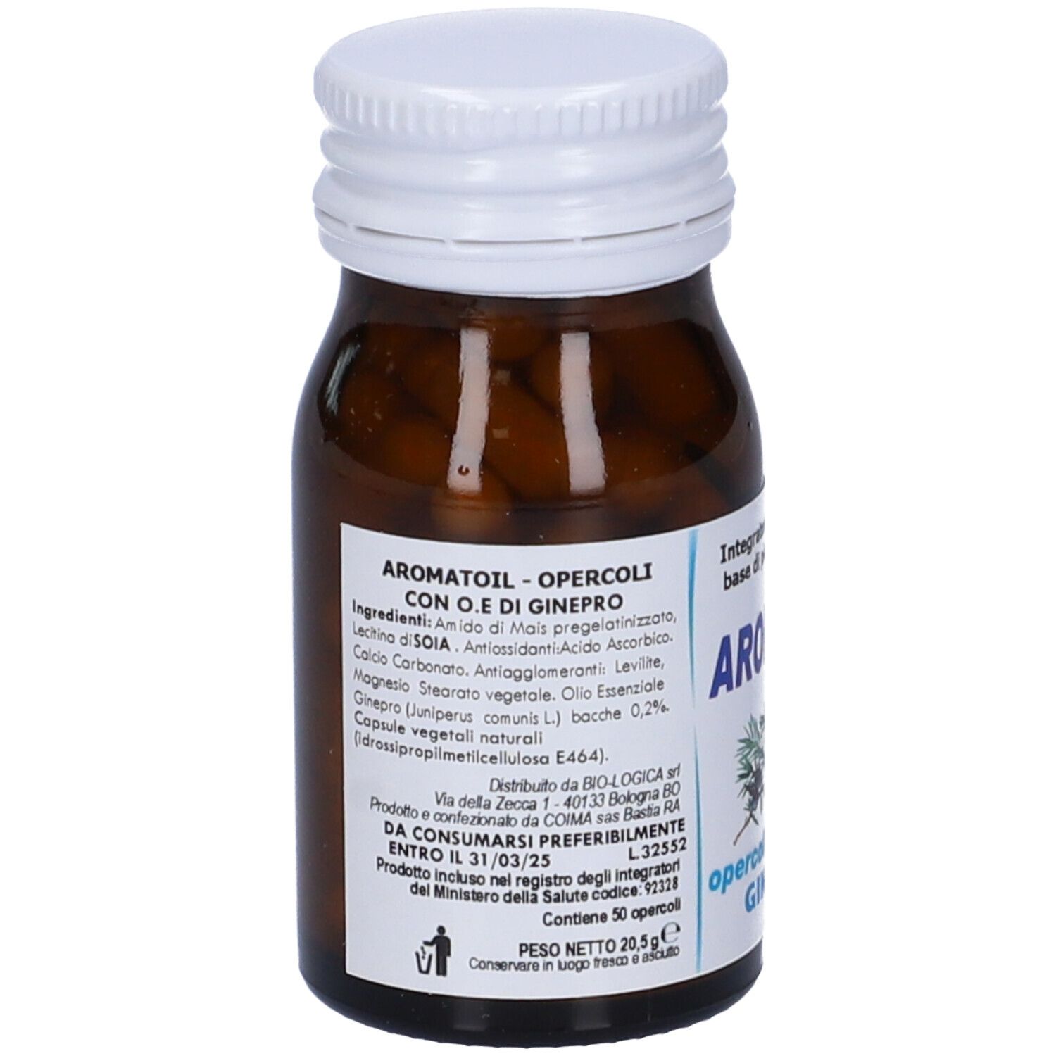 Flacone di vetro marrone con tappo bianco. Etichetta con informazioni sul prodotto e ingredienti. Capsule visibili.