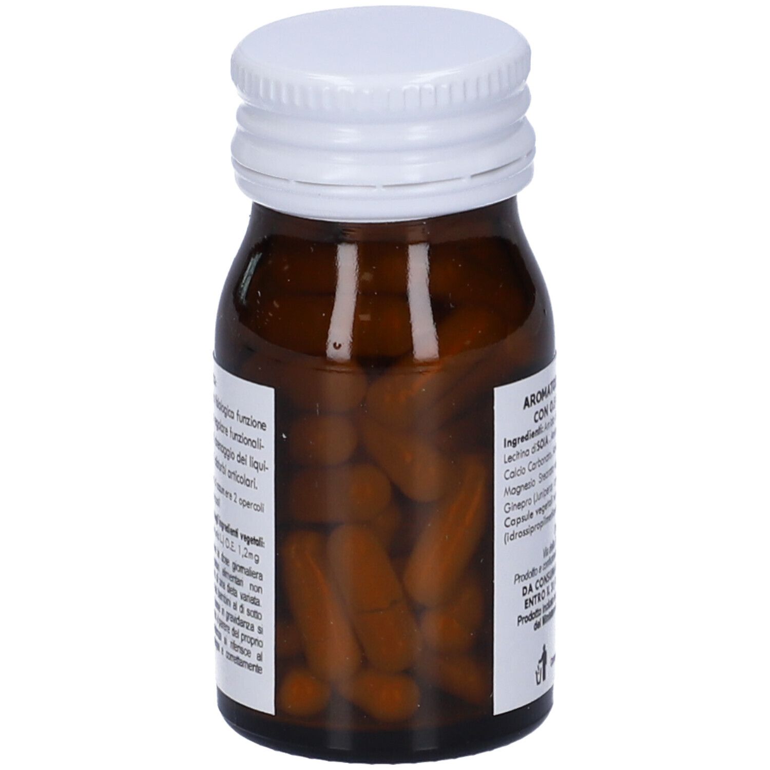 Flacone di vetro marrone con tappo bianco. Capsule all'interno. Etichetta con informazioni sul prodotto.