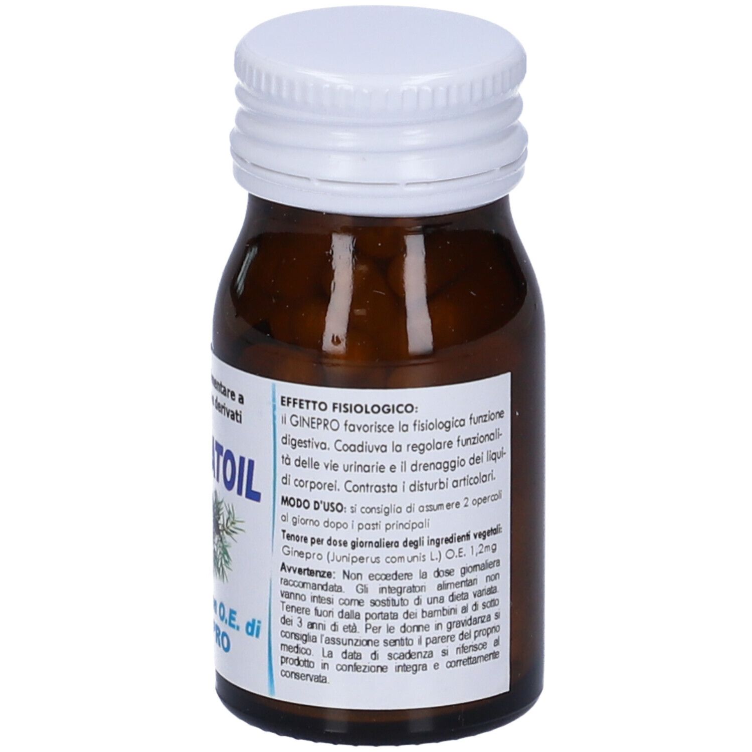 Flacone di vetro marrone con tappo bianco. Etichetta con informazioni sul prodotto e istruzioni. Capsule visibili.