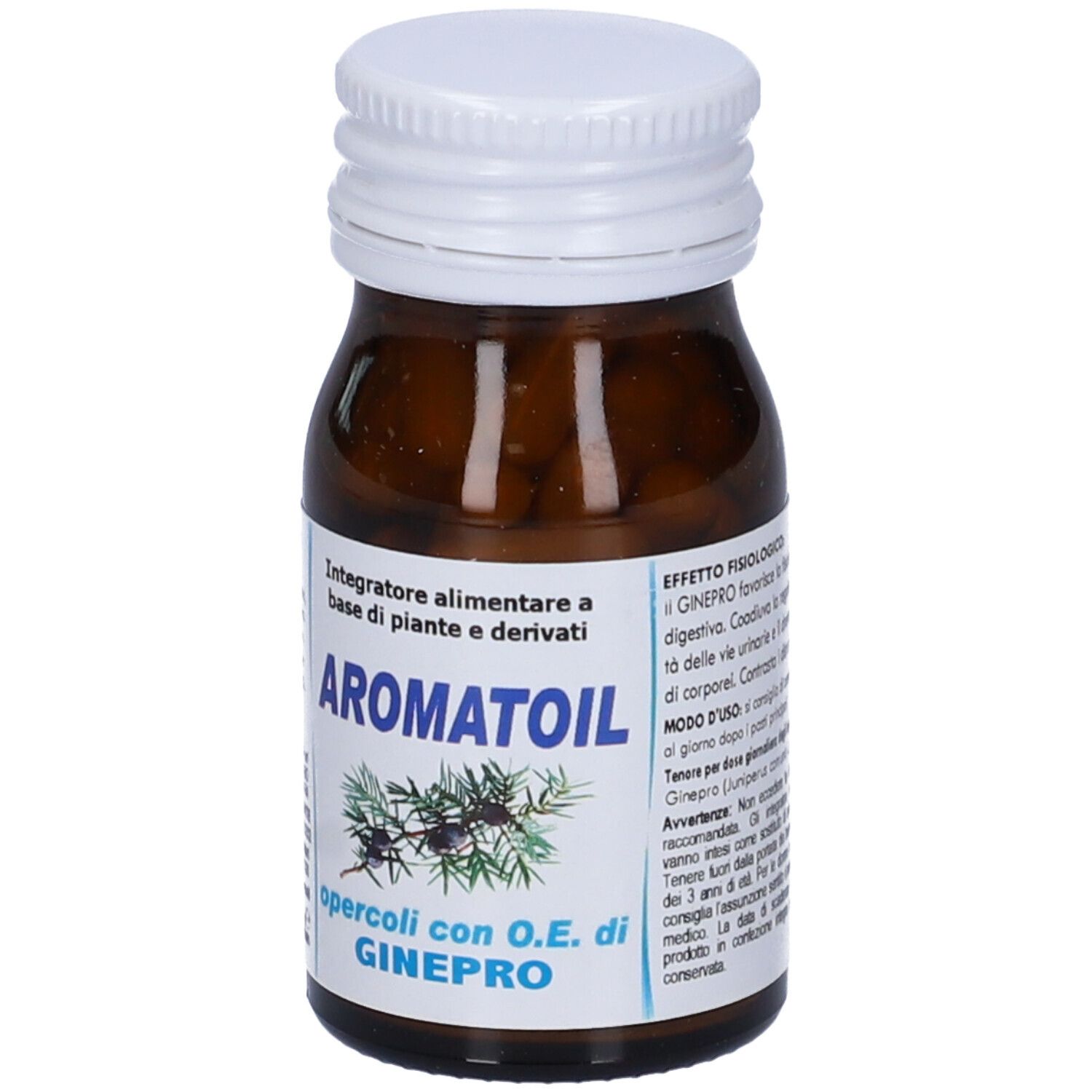 Flacone di vetro marrone con tappo bianco. Etichetta con nome Aromatoil e illustrazione di rami. Capsule visibili.