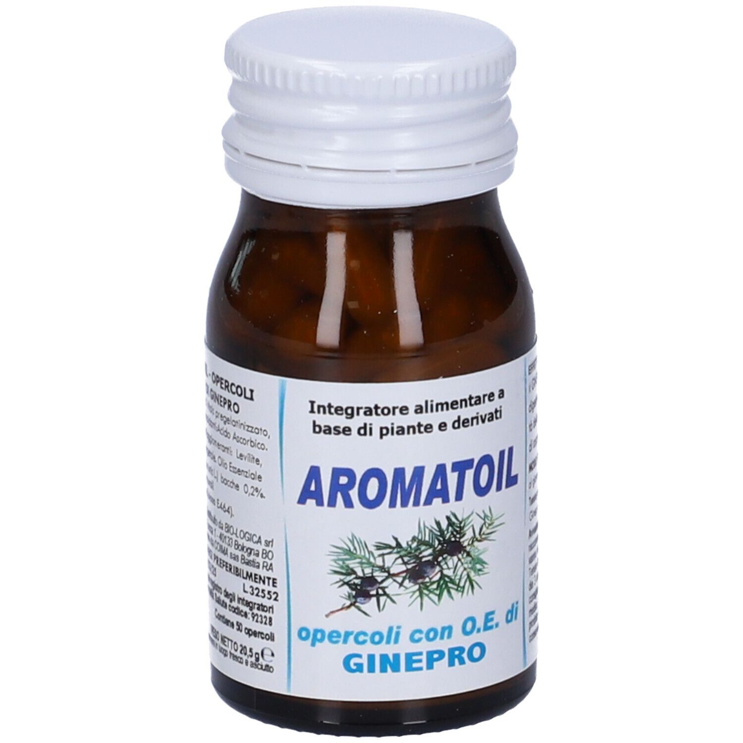 Flacone di vetro marrone con tappo bianco. Etichetta con nome Aromatoil e illustrazione di rami. Capsule visibili.