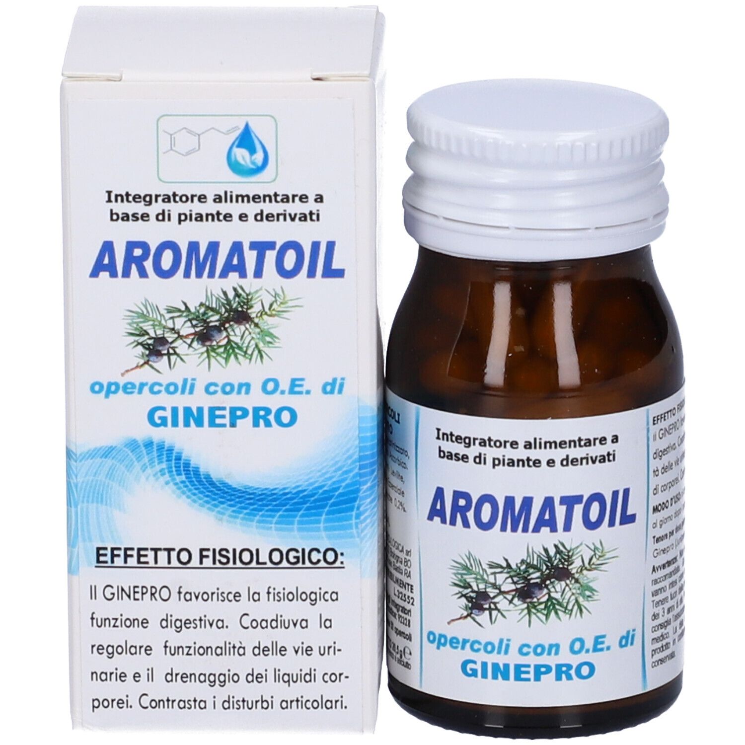 Flacone di vetro marrone e scatola. Scritta Aromatoil. Illustrazione di rami. Scatola bianca con informazioni sul prodotto.