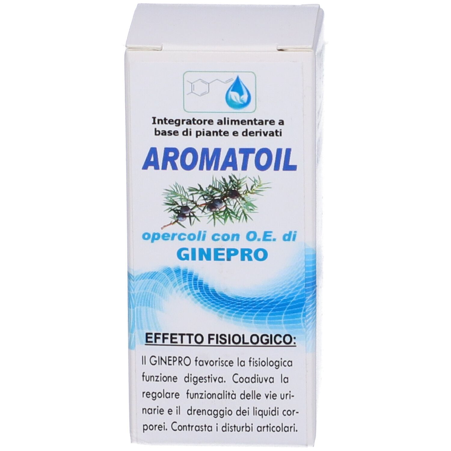 Scatola bianca con informazioni sul prodotto. Scritta Aromatoil. Illustrazione di rami. Flacone non visibile.