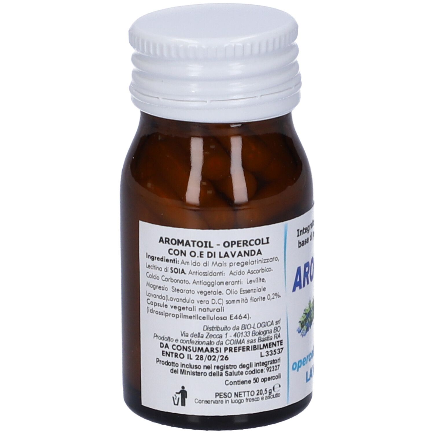 Flacone di vetro marrone con tappo bianco. Scritta: Aromatoil Lavanda. Elenco ingredienti.