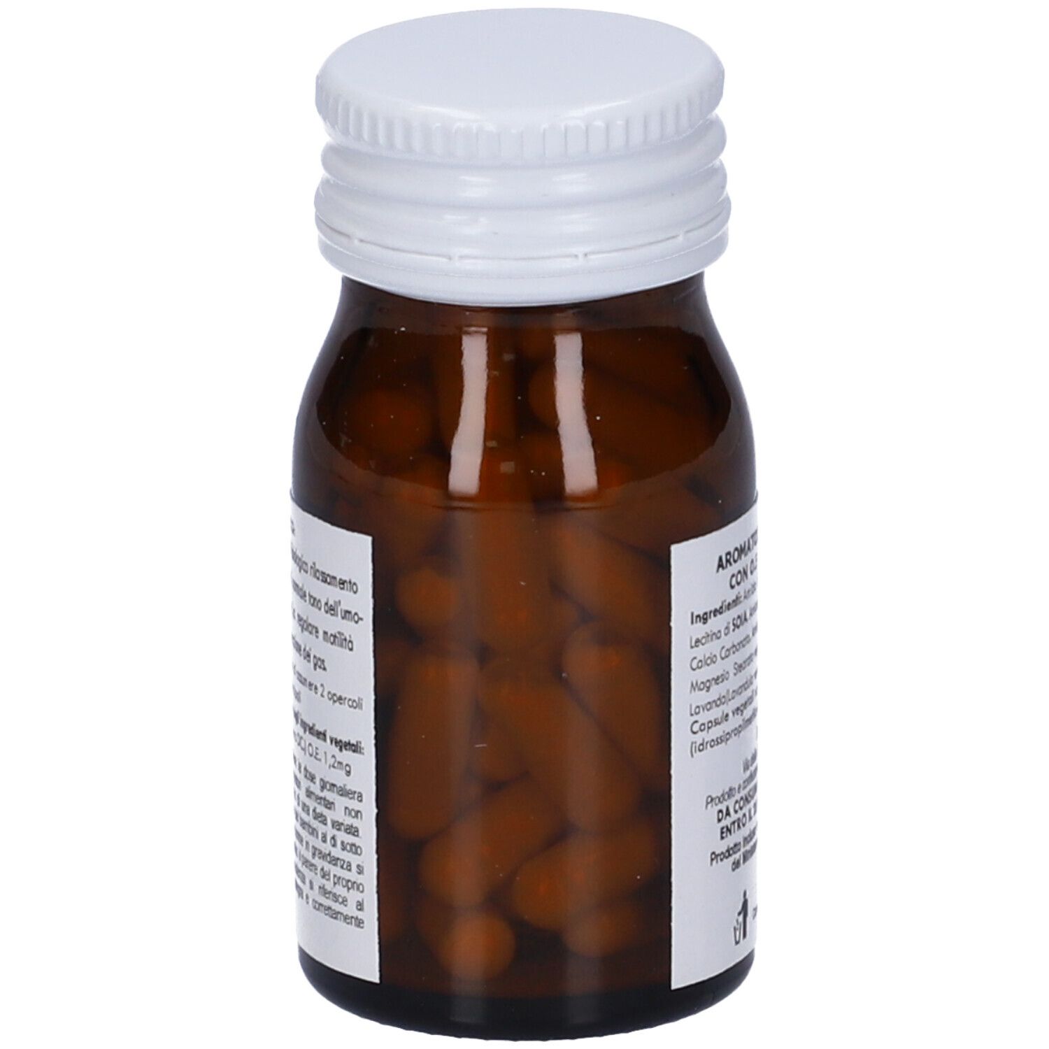 Flacone di vetro marrone con tappo bianco. Capsule visibili. Scritta: Aromatoil Lavanda.