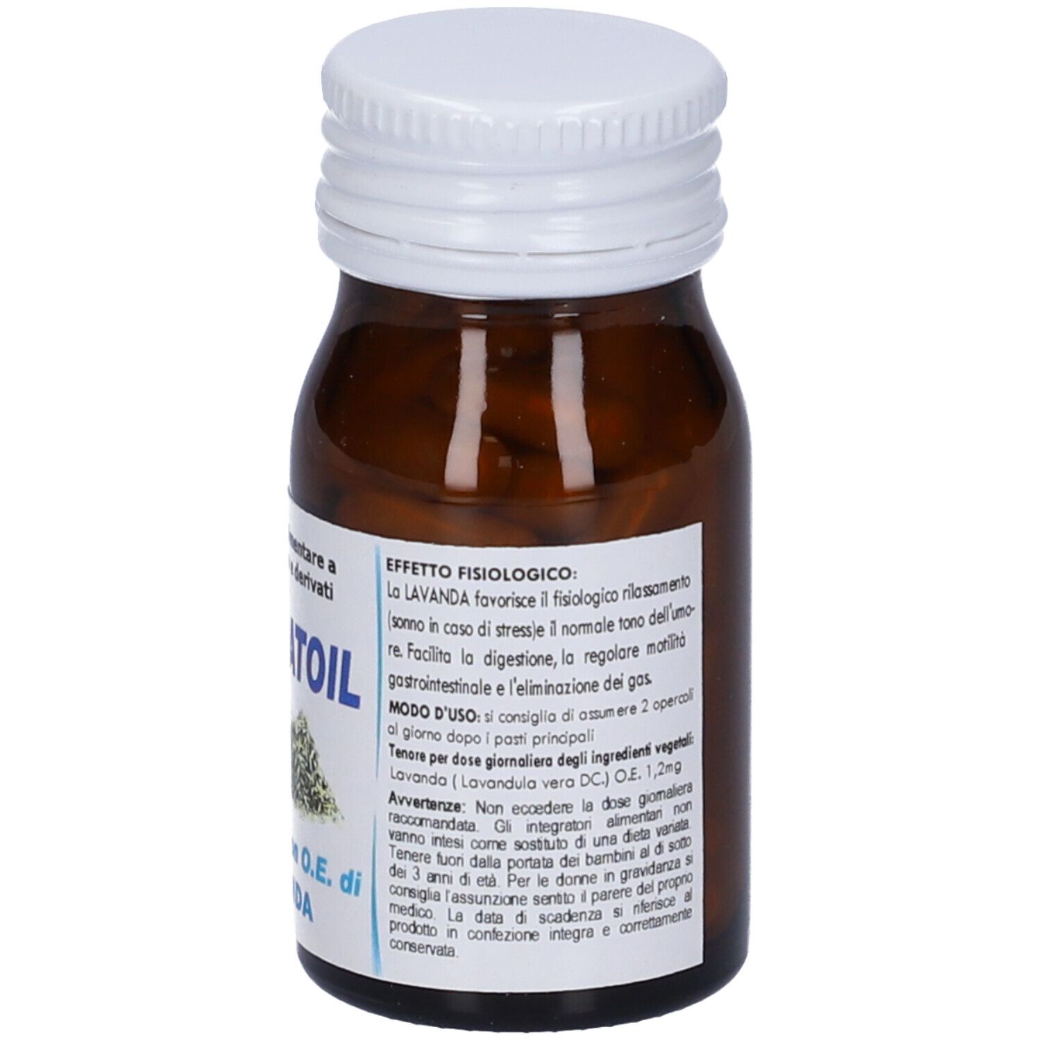 Flacone di vetro marrone con tappo bianco. Scritta: Aromatoil Lavanda. Istruzioni per l'uso.