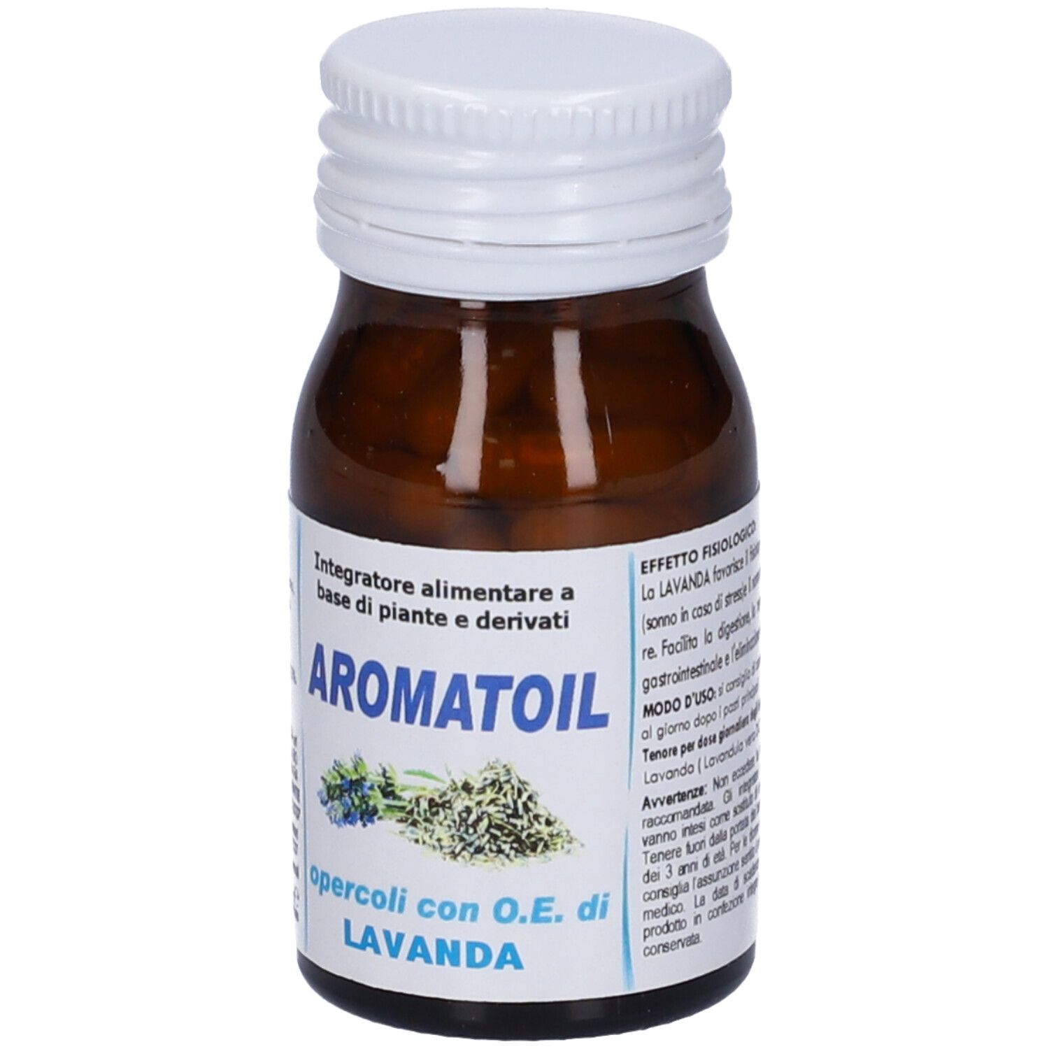 Flacone di vetro marrone con tappo bianco. Scritta: Aromatoil Lavanda. Capsule visibili.