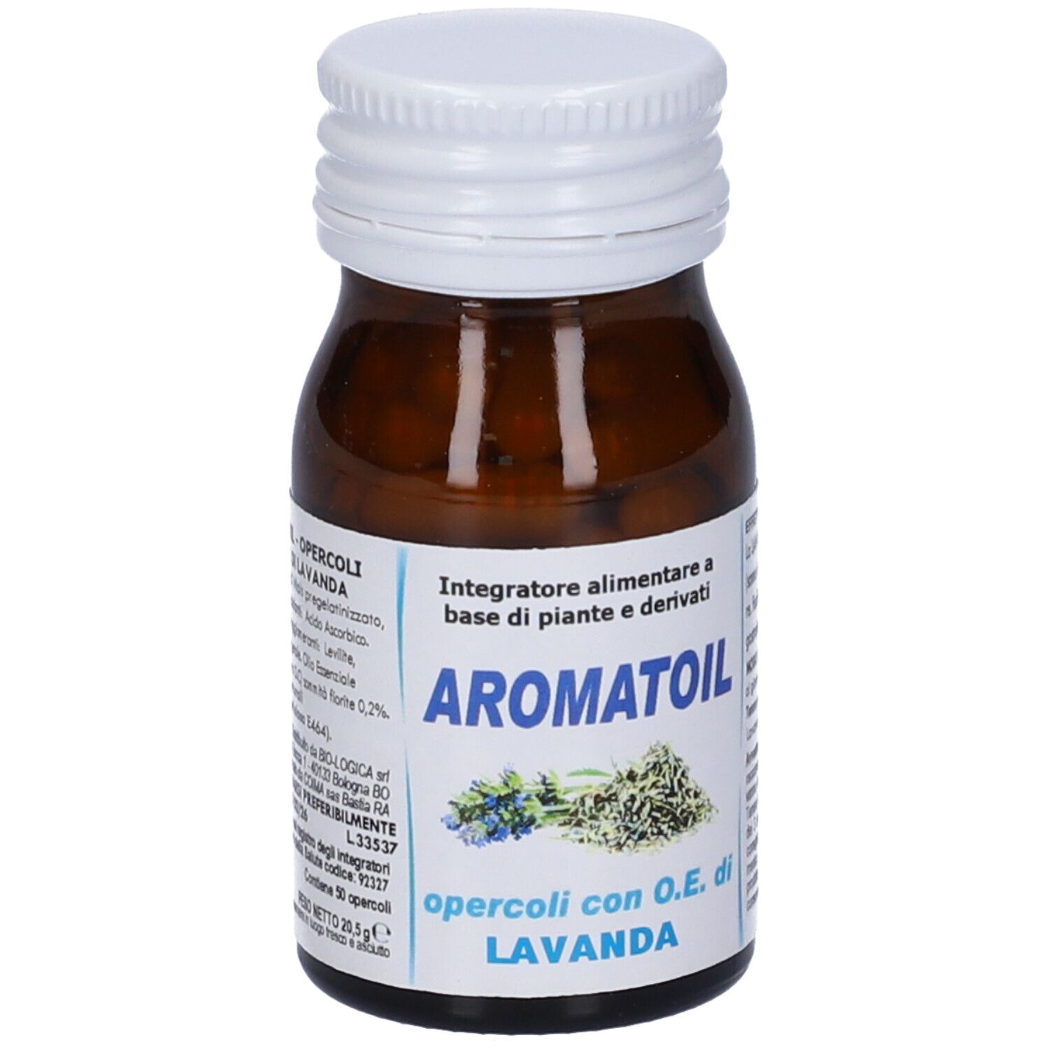 Flacone di vetro marrone con tappo bianco. Scritta: Aromatoil Lavanda. Capsule visibili.