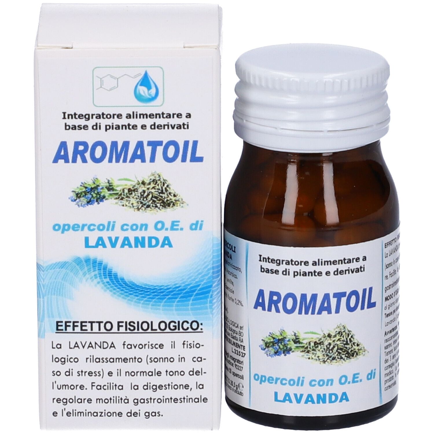 Confezione e flacone. Scritta: Aromatoil Lavanda. Capsule.