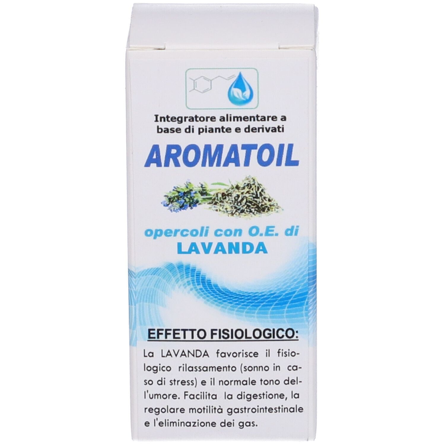 Confezione del prodotto. Scritta: Aromatoil Lavanda. Descrizione.