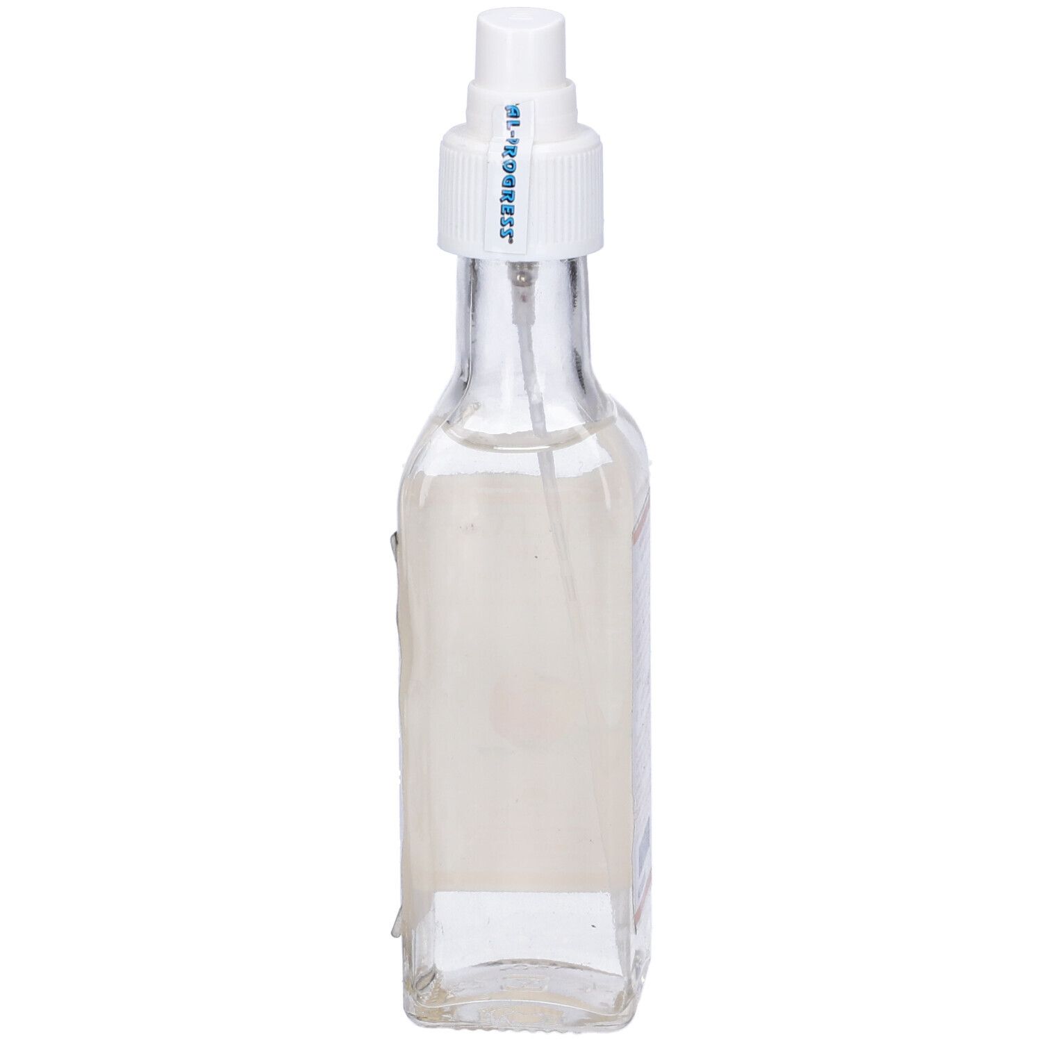 Flacone di vetro con spruzzatore. Nessuna etichetta visibile. Liquido all'interno.