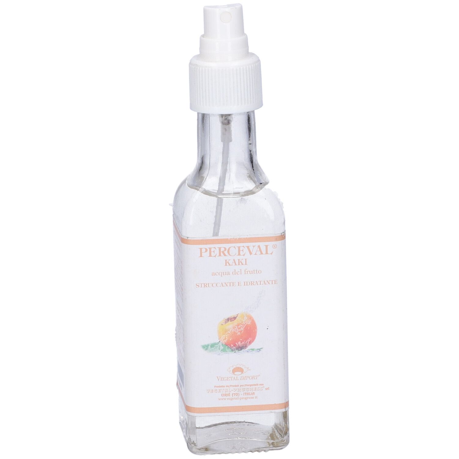 Flacone di vetro con spruzzatore. Etichetta con nome del prodotto, illustrazione di pesca e testo. Liquido visibile.