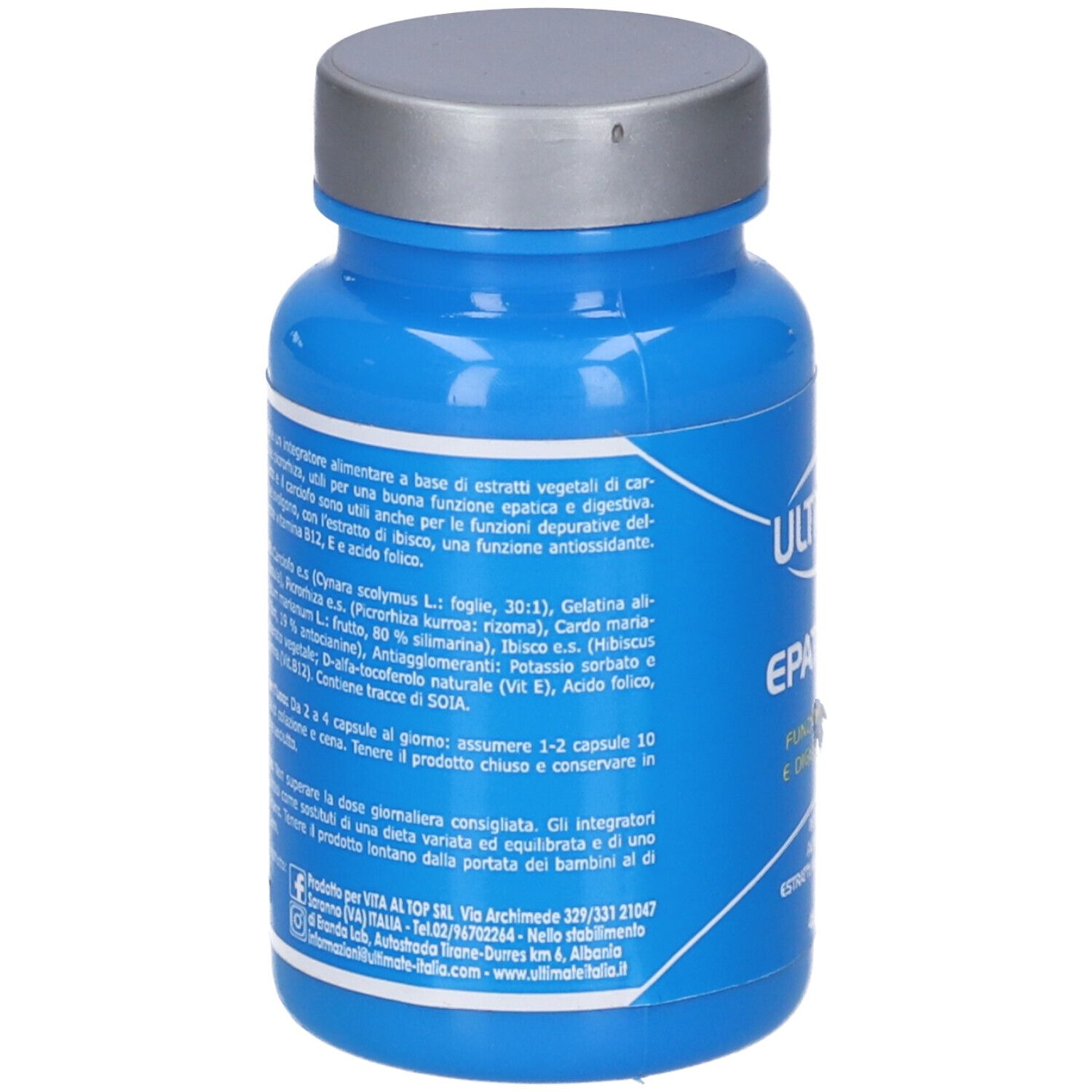 Flacone blu con tappo argentato. Retro con testo. Contiene estratti vegetali. Informazioni sull'uso e ingredienti.