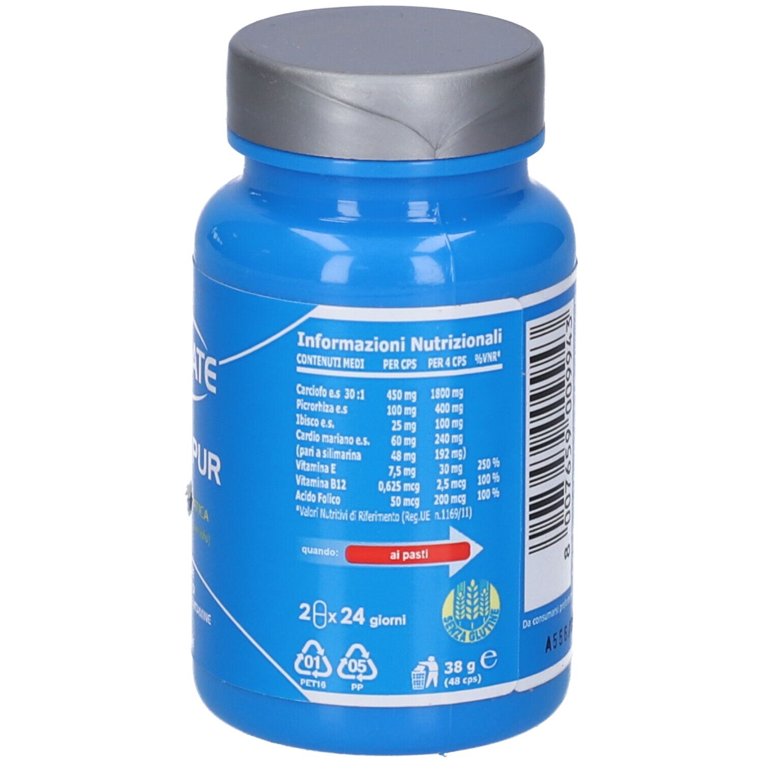 Flacone blu con tappo argentato. Scritta: ULTIMATE, EPATO PUR, 48 capsule. Prodotto per fegato e digestione.