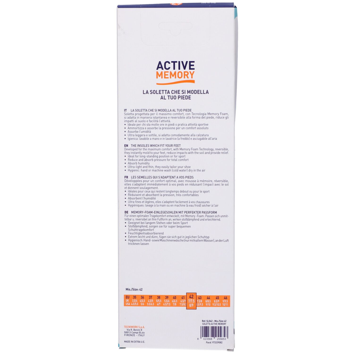 Retro della confezione Active Memory Soletta 42. Testo multilingue. Indicazioni taglie.