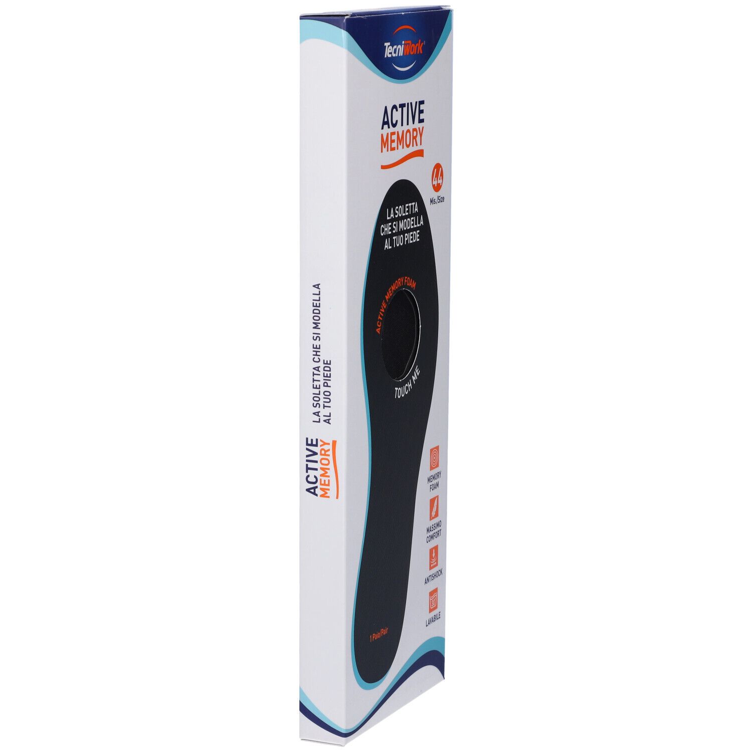 Vista laterale della confezione con soletta. Scritte: Active Memory, 44, Memory Foam, Antishock.