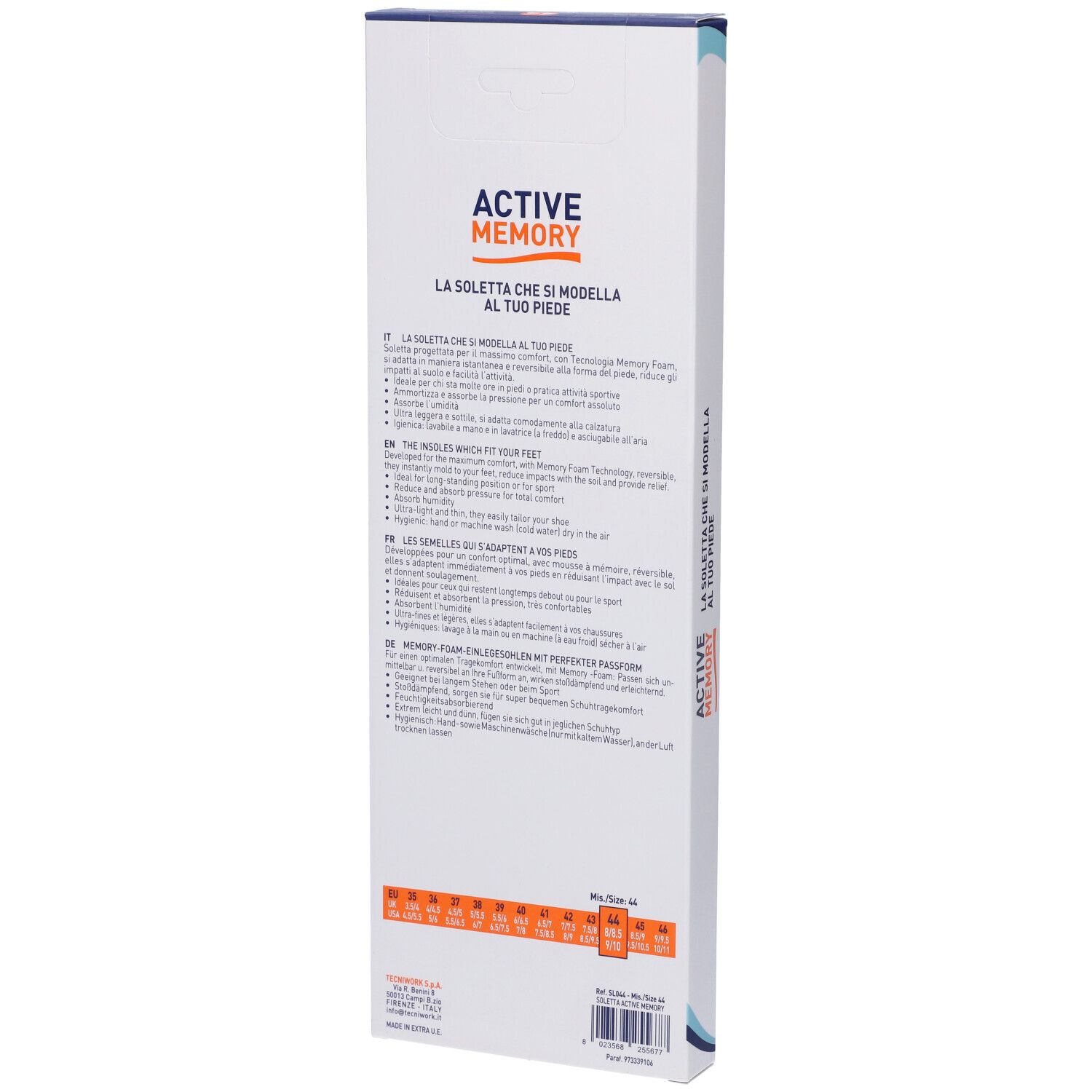 Confezione con testo in italiano. Scritta: Active Memory. Informazioni sulle taglie.