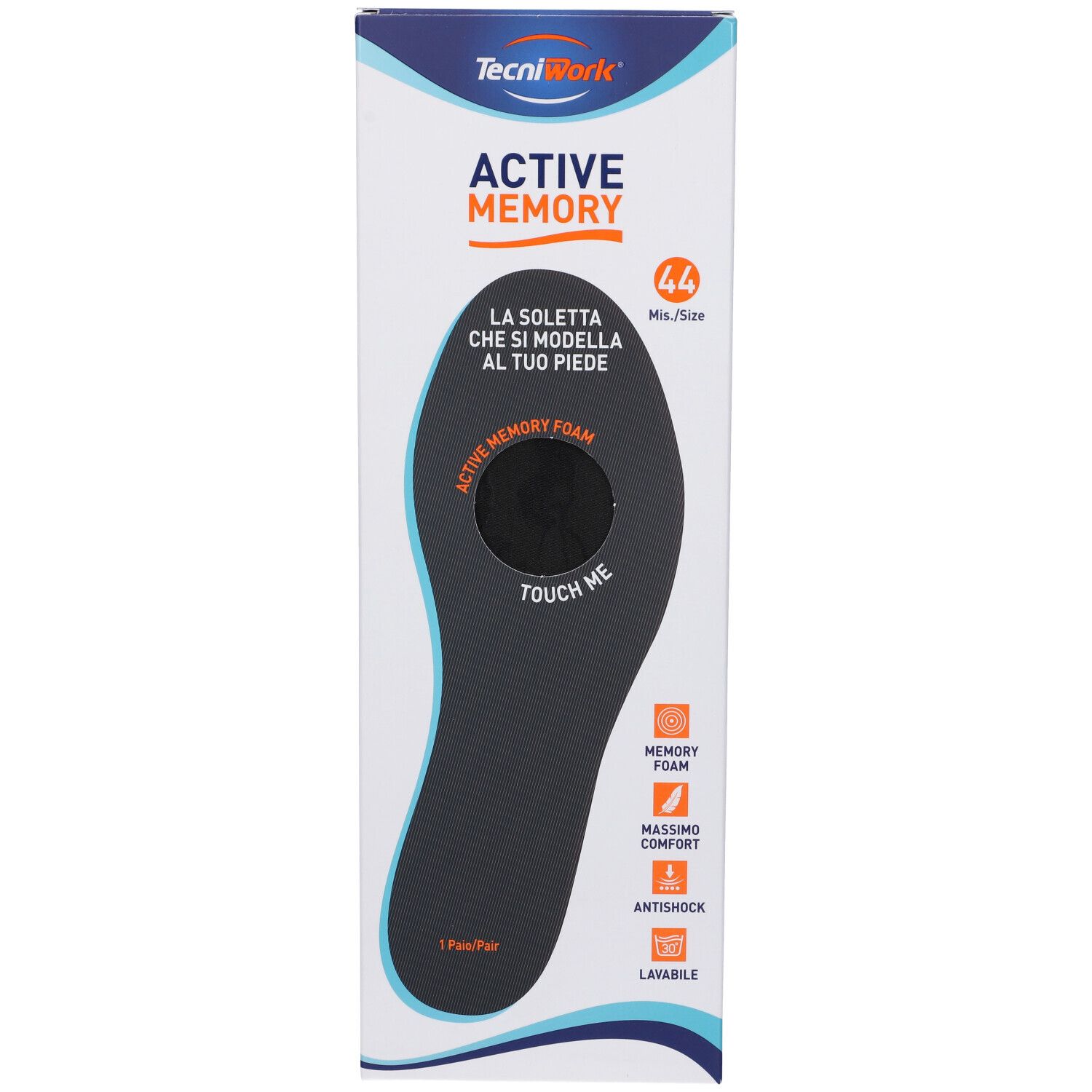 Confezione con soletta. Scritte: Active Memory, 44, Memory Foam, Antishock. Soletta nera con foro.