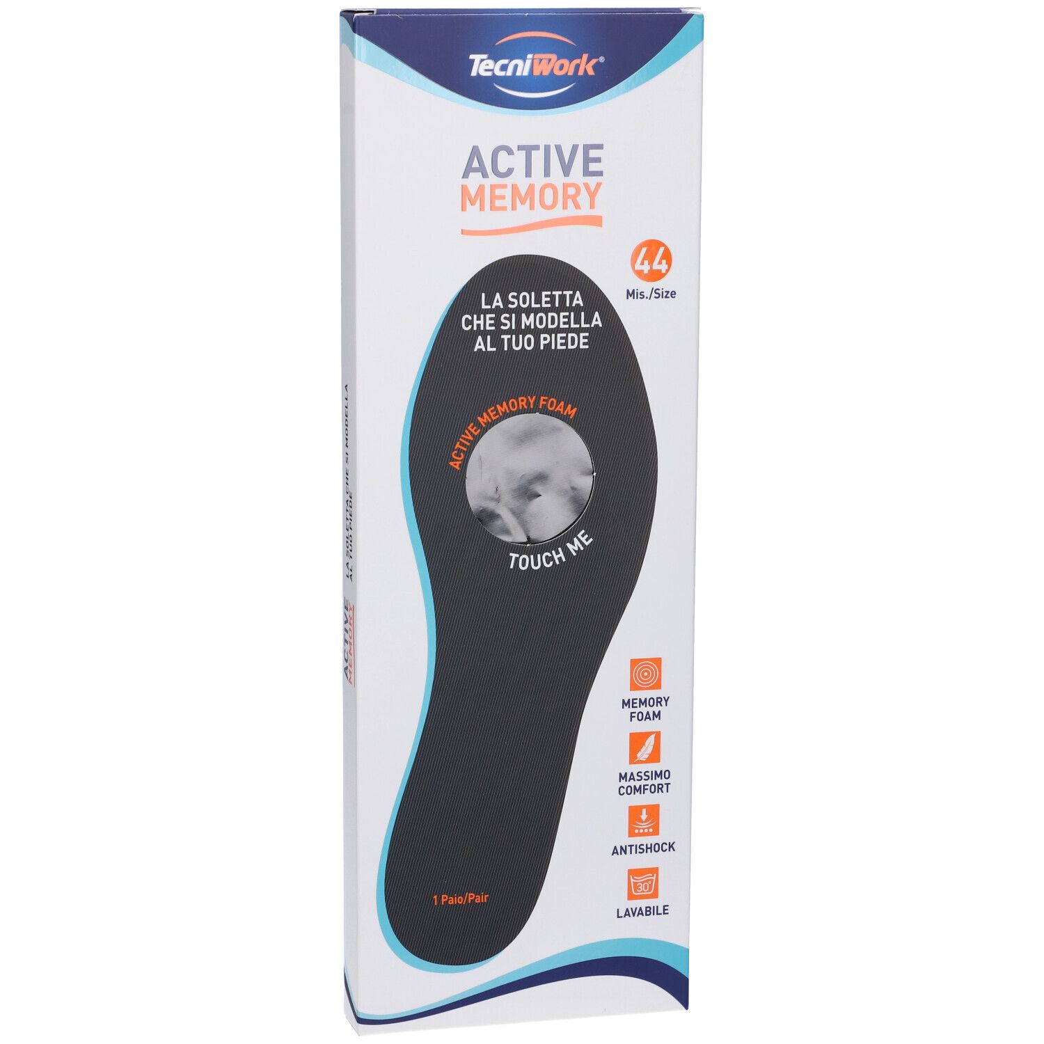 Confezione con soletta. Scritte: Active Memory, 44, Memory Foam, Antishock. Soletta nera con foro.