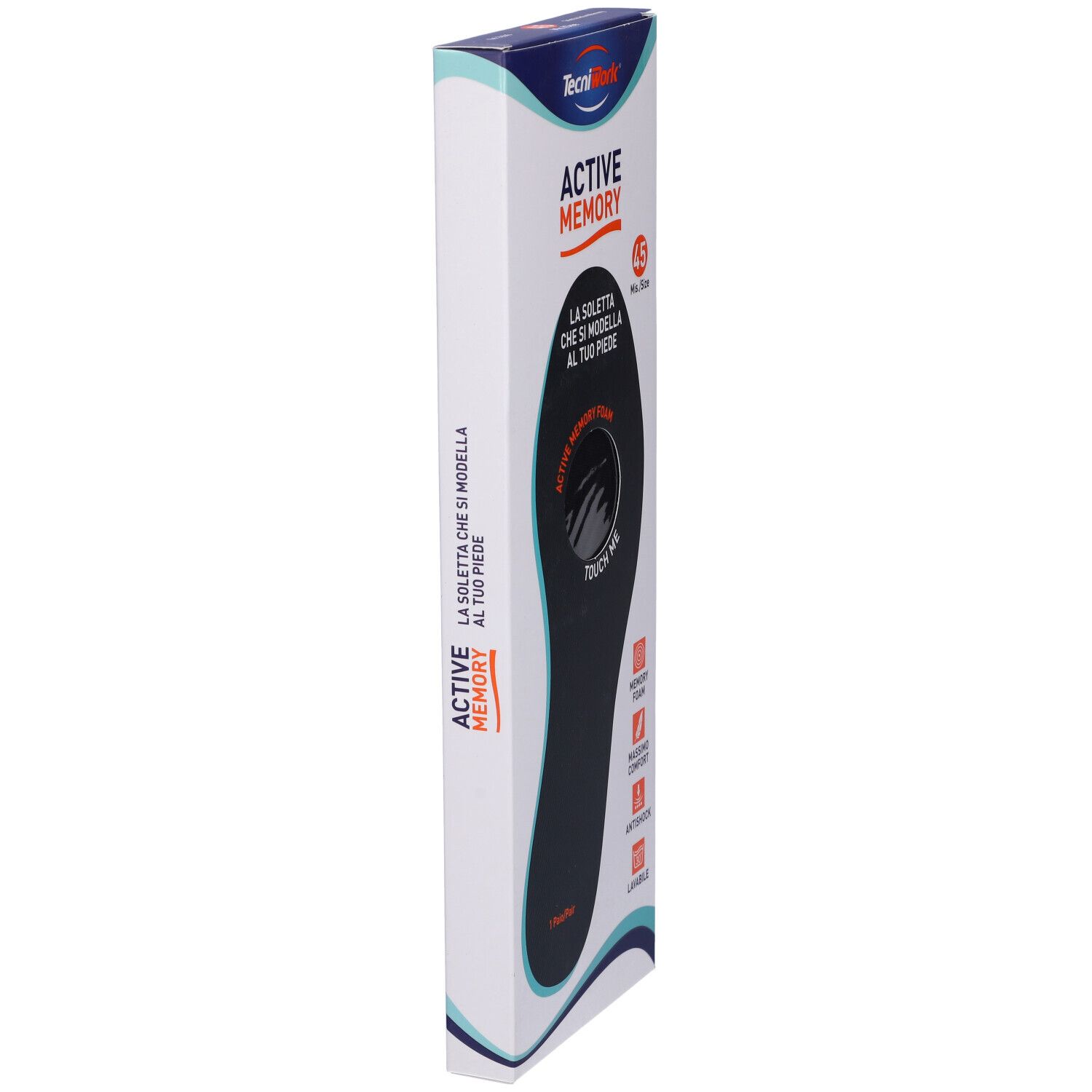 Soletta in confezione, vista laterale. Confezione con logo e informazioni sul prodotto.