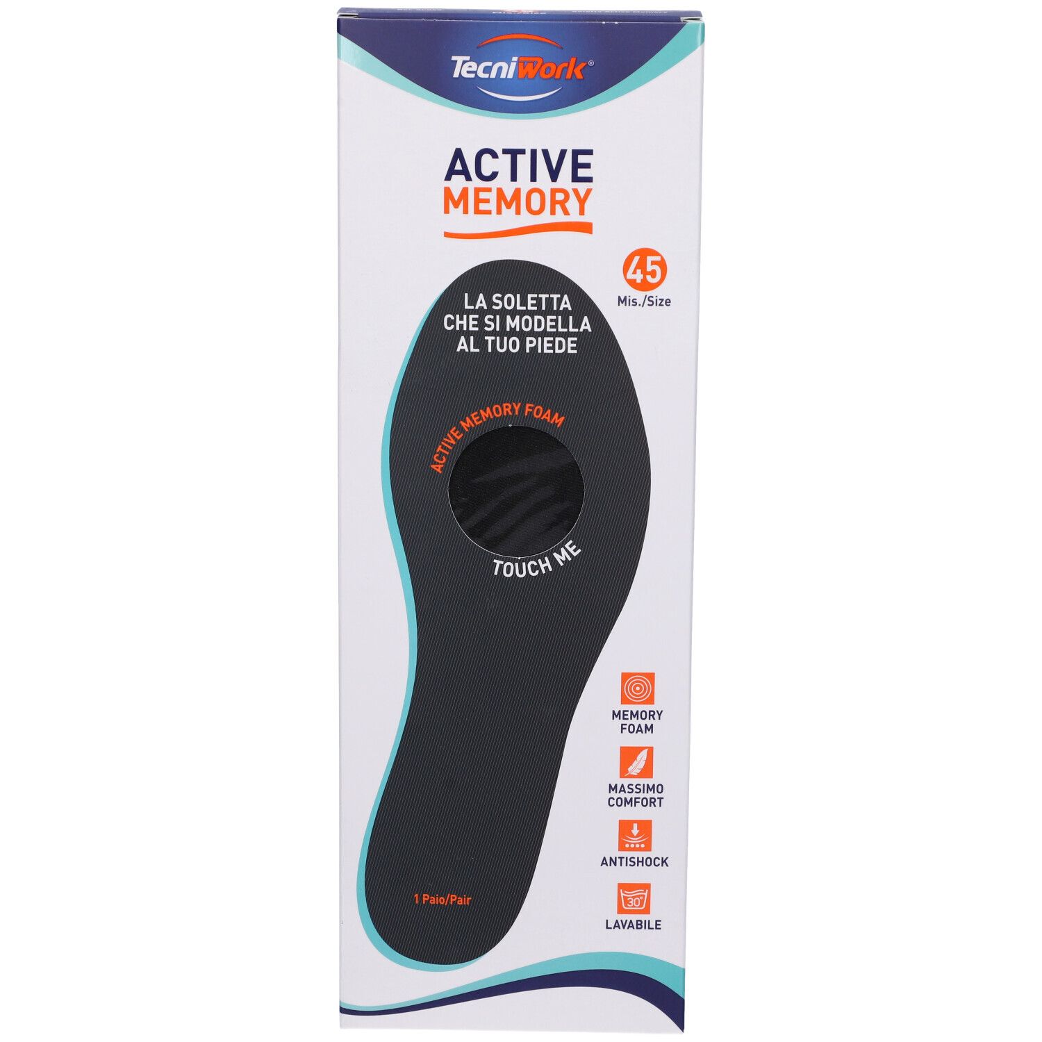 Soletta nera in confezione. Testo: Active Memory, 45, Touch Me. Confezione con logo e informazioni sul prodotto.
