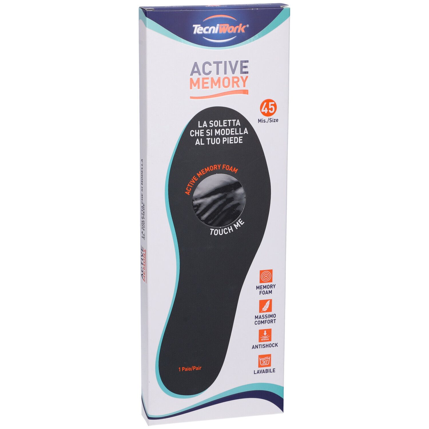 Soletta nera in confezione. Testo: Active Memory, 45, Touch Me. Confezione con logo e informazioni sul prodotto.