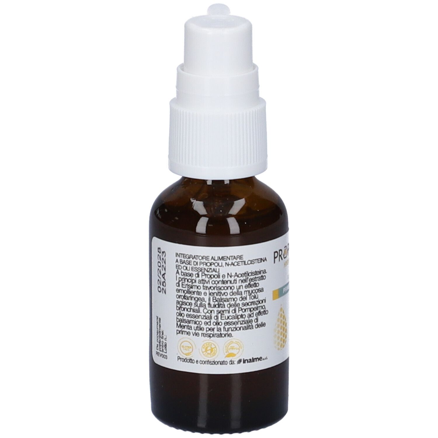 Retro di un flacone di vetro marrone con erogatore bianco. Informazioni testuali e loghi.