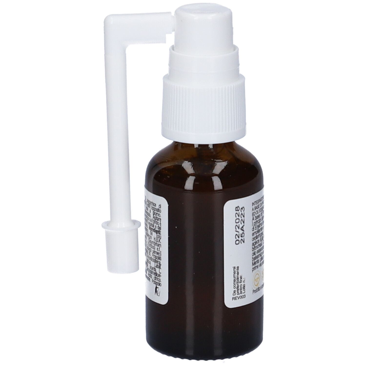 Flacone di vetro marrone con erogatore bianco e applicatore. Scritta e data di scadenza.