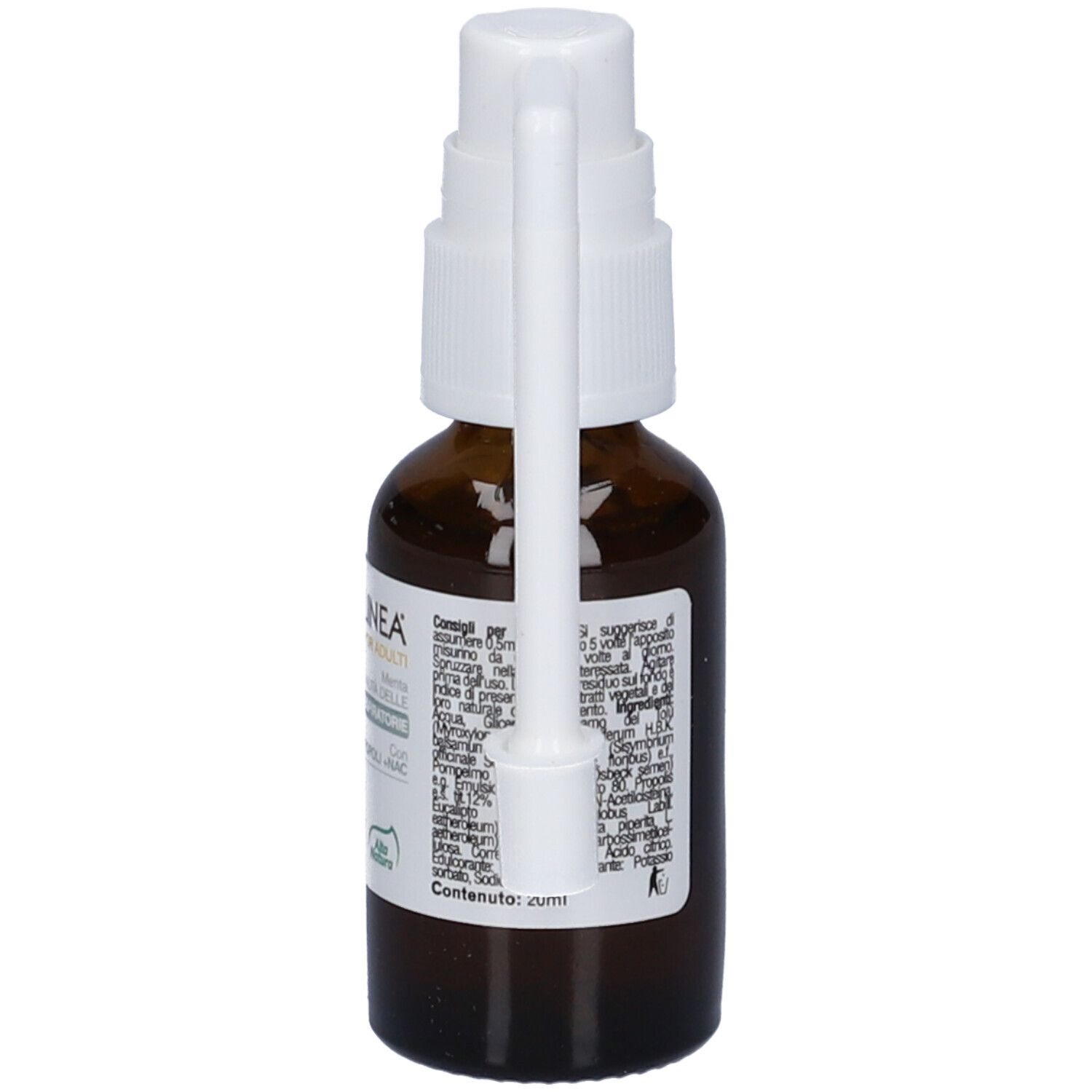 Flacone di vetro marrone con erogatore bianco e applicatore. Informazioni testuali.