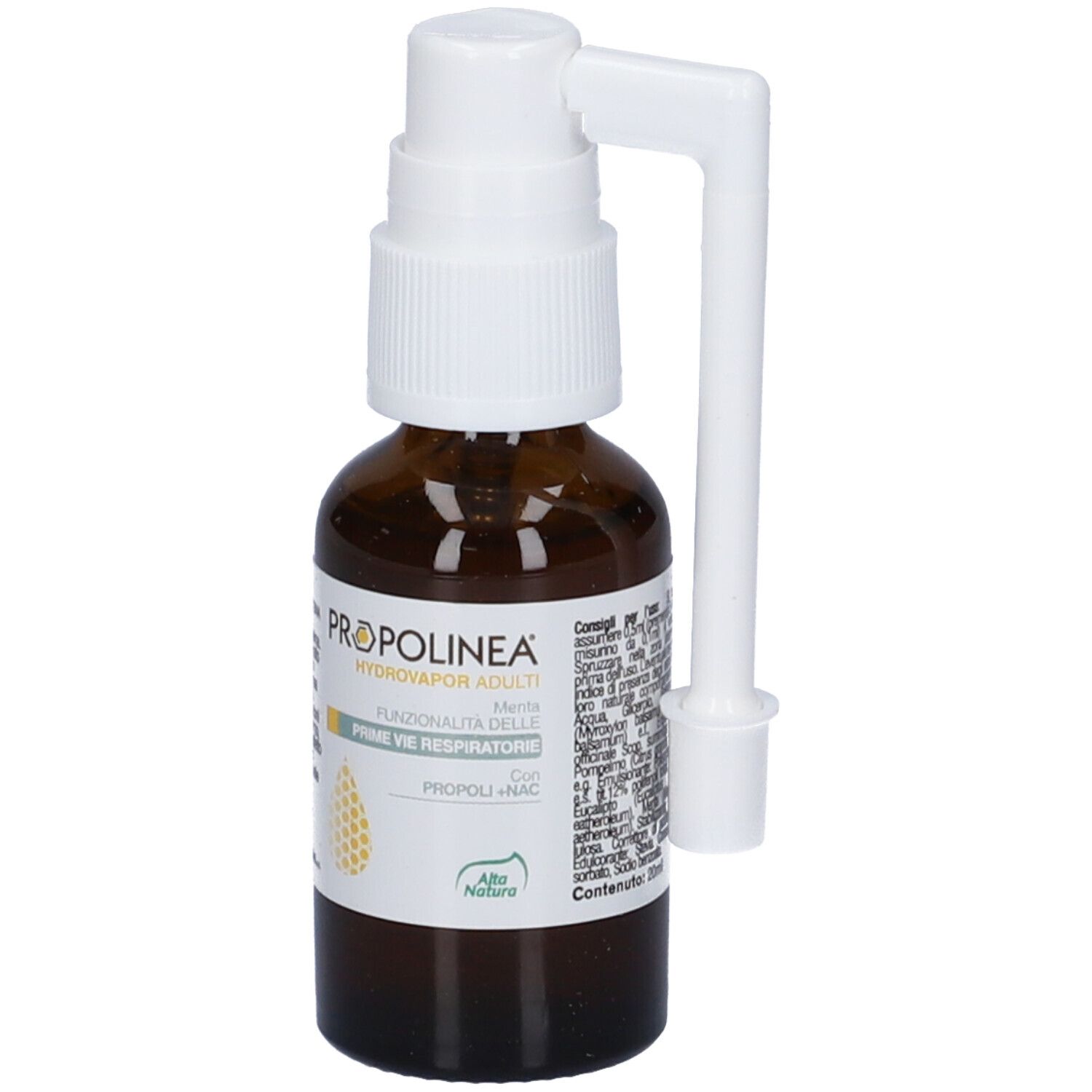 Flacone di vetro marrone con erogatore bianco e applicatore. Scritta: Propolinea Hydrovapor Adulti.